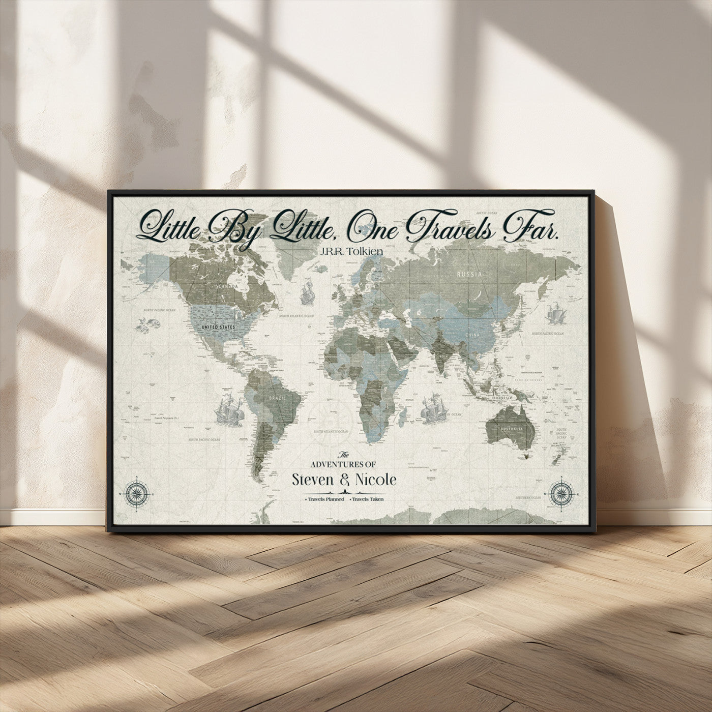 10693204-MGV-CV-36X24-Little By Little One Travels Far Tolkien Quote Blue Green World Map Adventure Wall Art Canvas Print Rustic Wanderlust Travel Decor