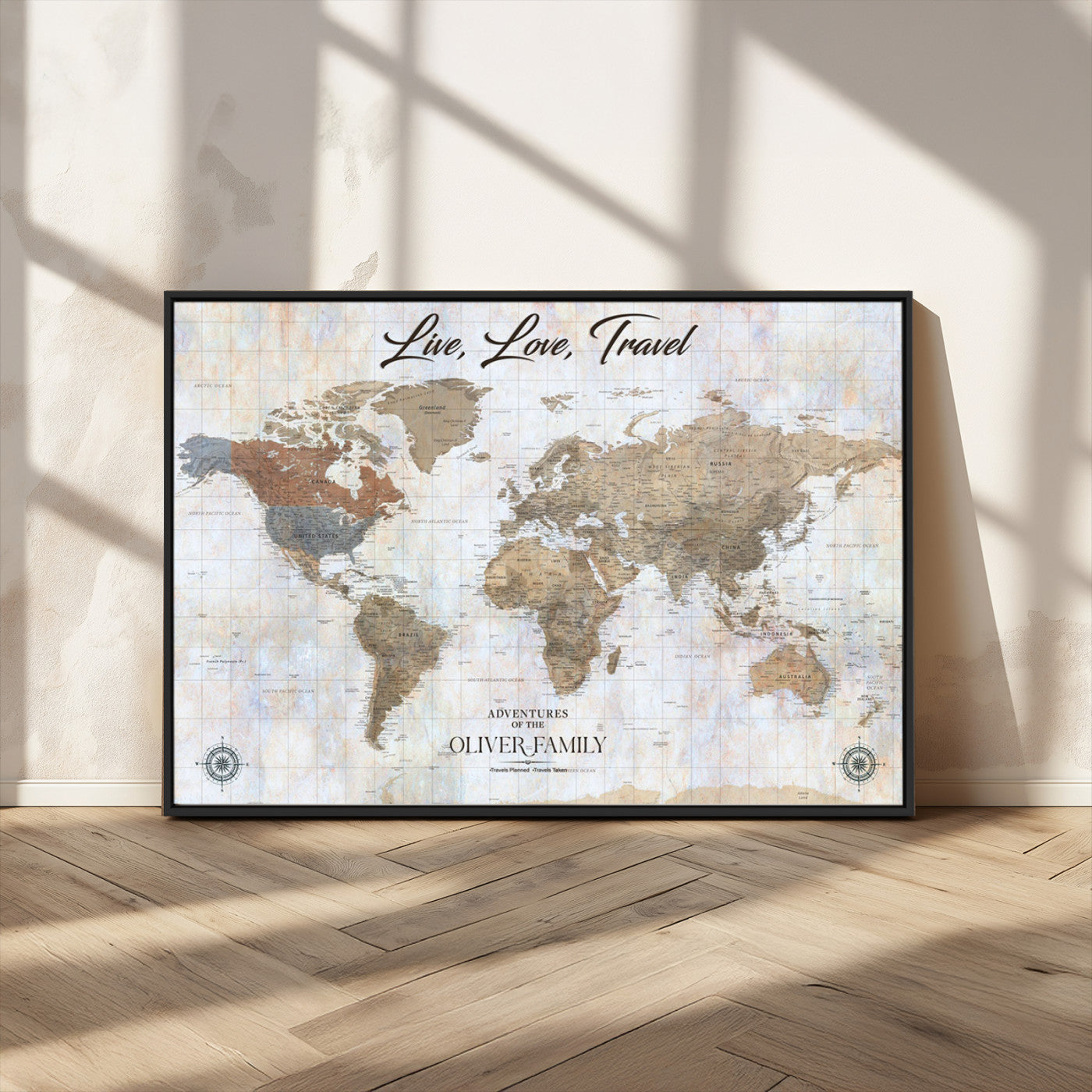 43924907-MGV-CV-36X24-Live Love Travel Wall Art – Neutral World Map Canvas Print, Rustic Adventure Decor for Home, Office or Living Room, Unique Gift