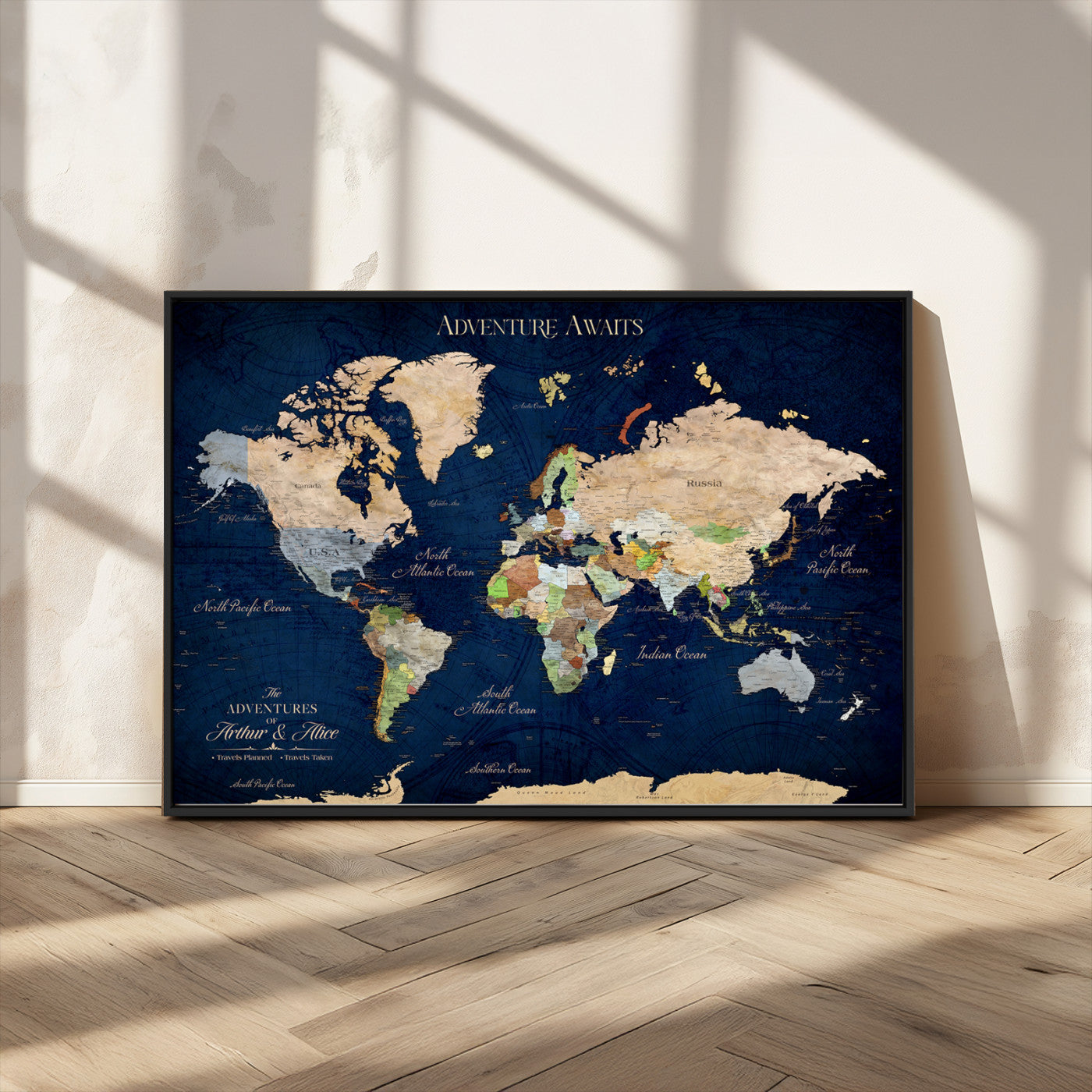 43160428-MGV-FC-36X24_Black-Adventure Awaits Navy Blue World Map – Vibrant Travel Canvas Wall Art, Antique Atlas Print, Wanderlust Decor for Home Office