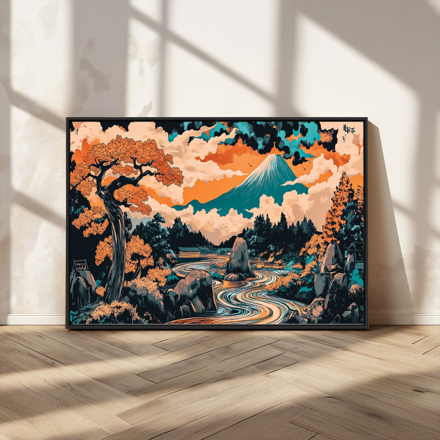 21638941-MGV-FC-36X24_Black-Japanese Landscape Wall Art – Mount Fuji and Flowing River Ukiyo-e Style Canvas Print, Traditional Japan Inspired Artwork for