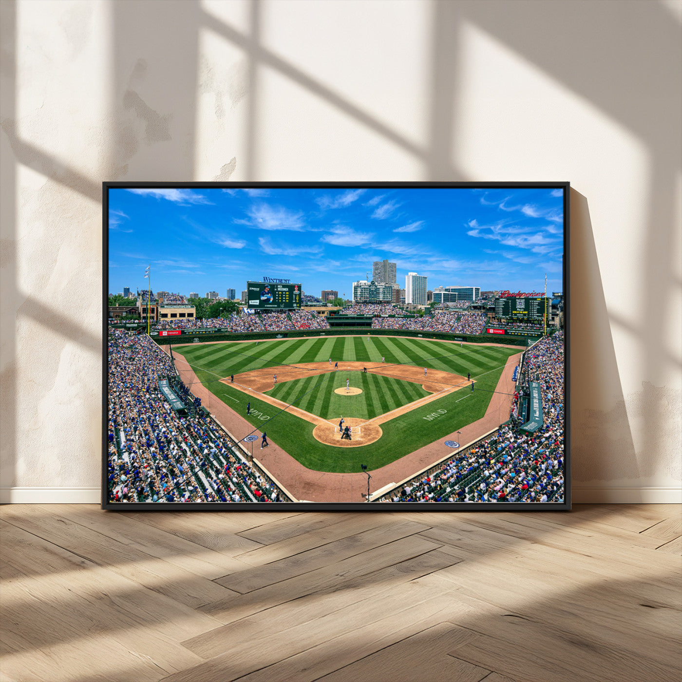 56213978-MGV-CV-36X24-Wrigley Field Baseball Stadium Canvas Wall Art – Packed Crowd Sports Stadium Print, City Skyline Baseball Field Canvas for Game
