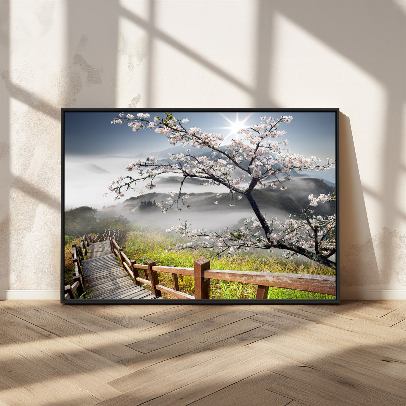 34632598CRY-MGV-FC-36X24_Black-Cherry Blossom Wall Art – Scenic Asian Landscape Canvas Print with Wooden Walkway, Misty Mountains and Sunrise, Serene Nature