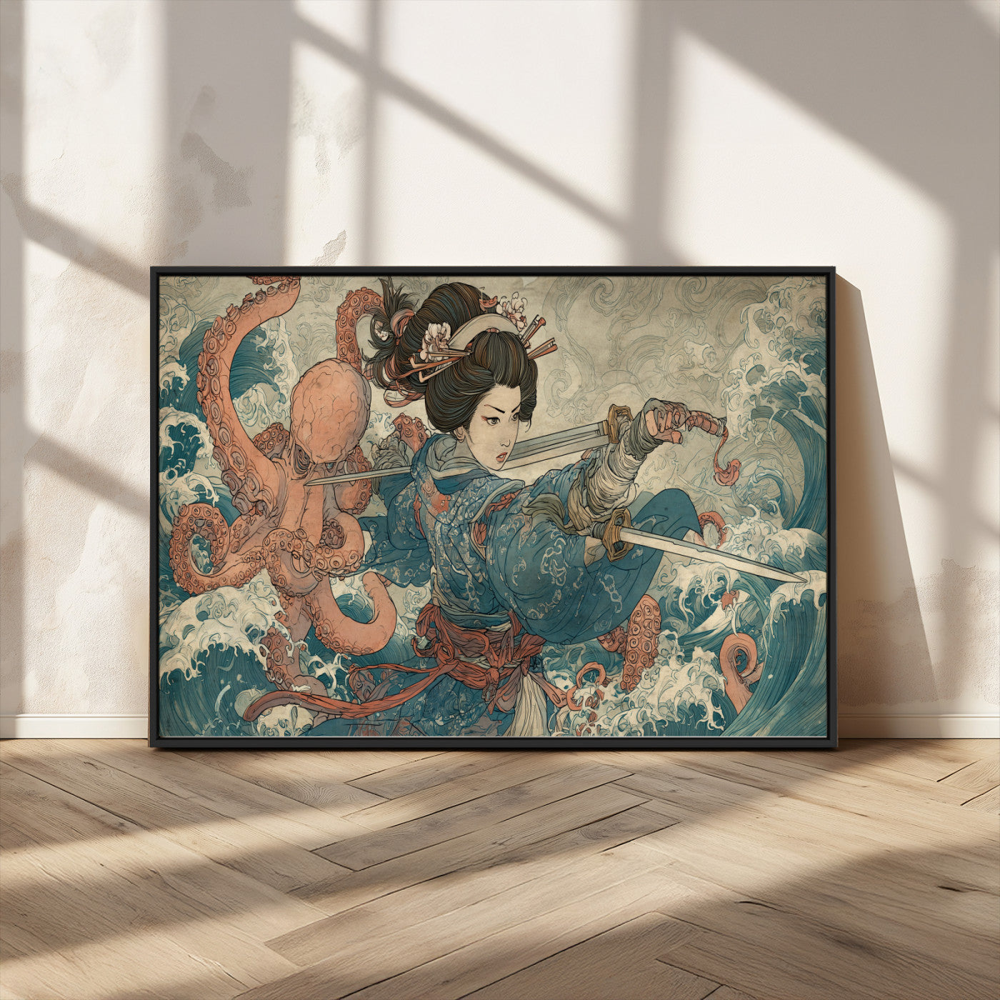 52037775-MGV-FC-36X24_Black-Tsukioka Yoshitoshi Samurai Wall Art Print, Japanese Katana Warrior Canvas Wall Art, Octopus Sea Monster Canvas Print,