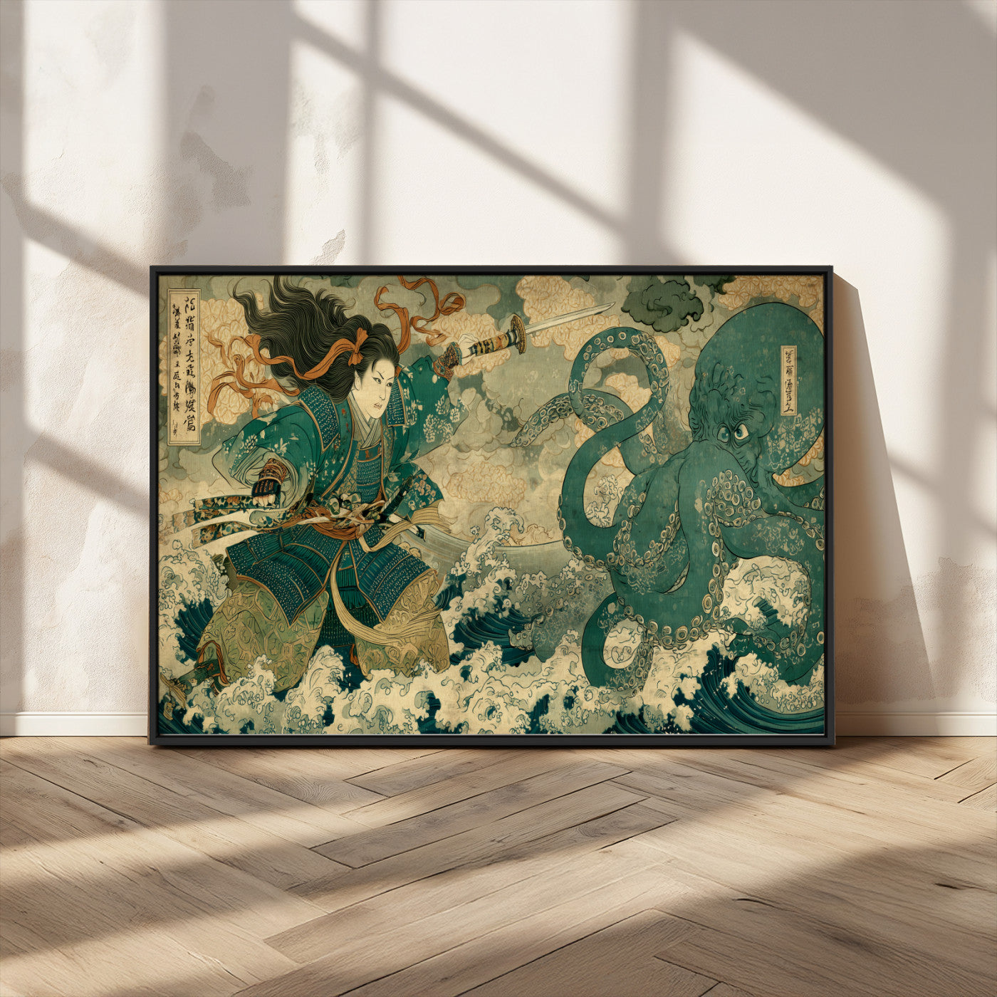 24416422-MGV-FC-36X24_Black-Samurai vs Octopus Wall Art – Japanese Warrior Ocean Battle Canvas Print, Ukiyo e Inspired Decor for Home, Office, or Man Cave