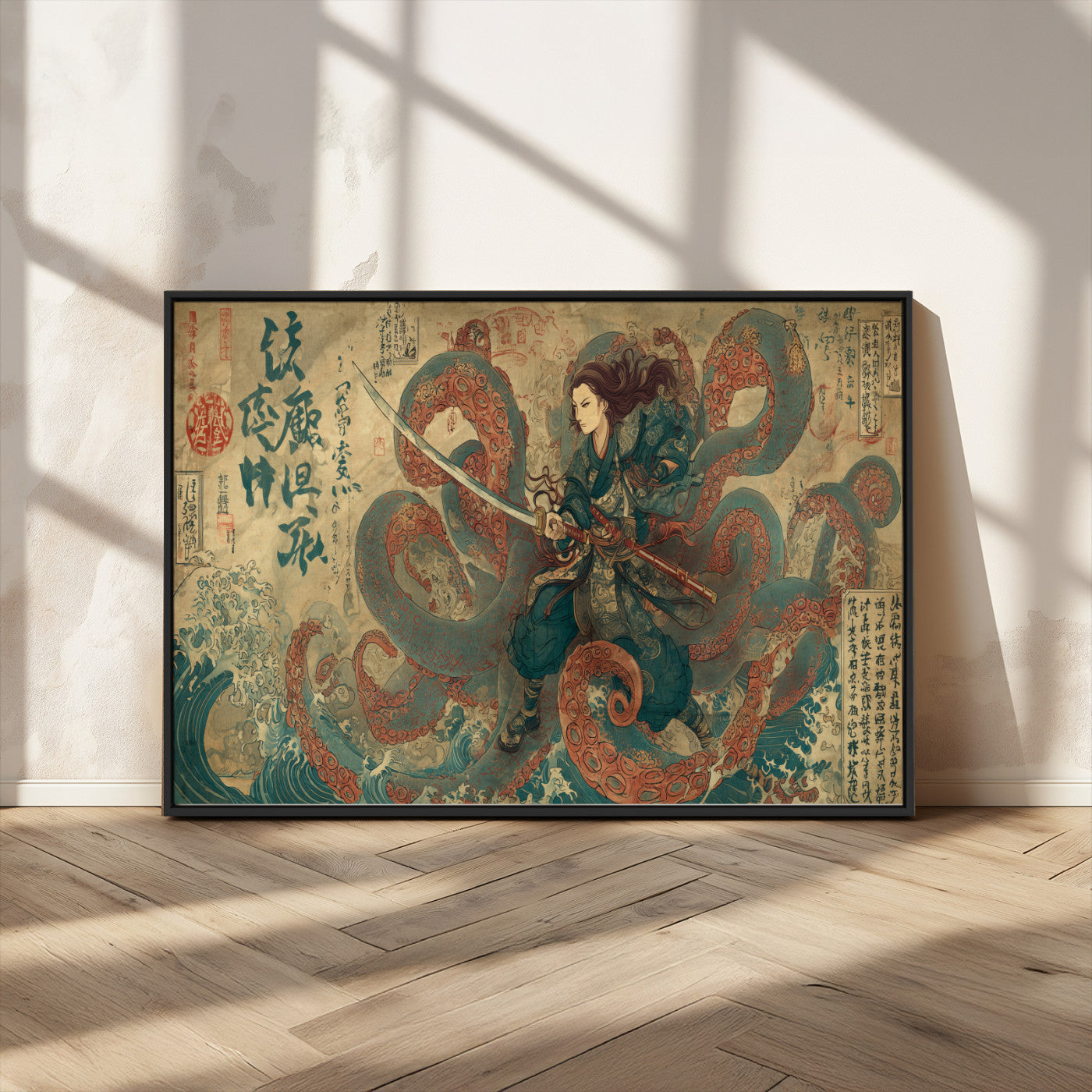 98593115-MGV-CV-36X24-Samurai Warrior vs Octopus Wall Art – Japanese Ukiyo-e Calligraphy Canvas Print, Ocean Battle Scene Artwork for Living Room,