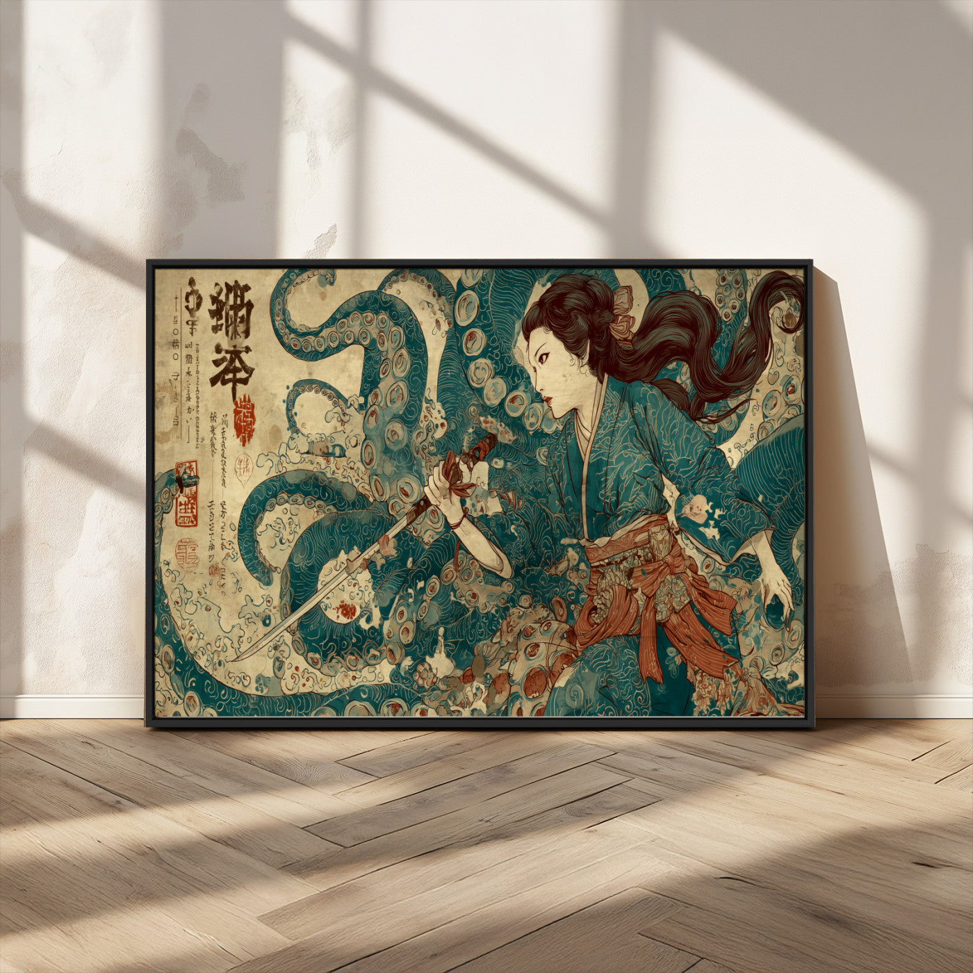18575670-MGV-FC-36X24_Black-Tsukioka Yoshitoshi Samurai Wall Art Print, Japanese Katana Warrior Canvas Wall Art, Octopus Sea Monster Canvas Print,
