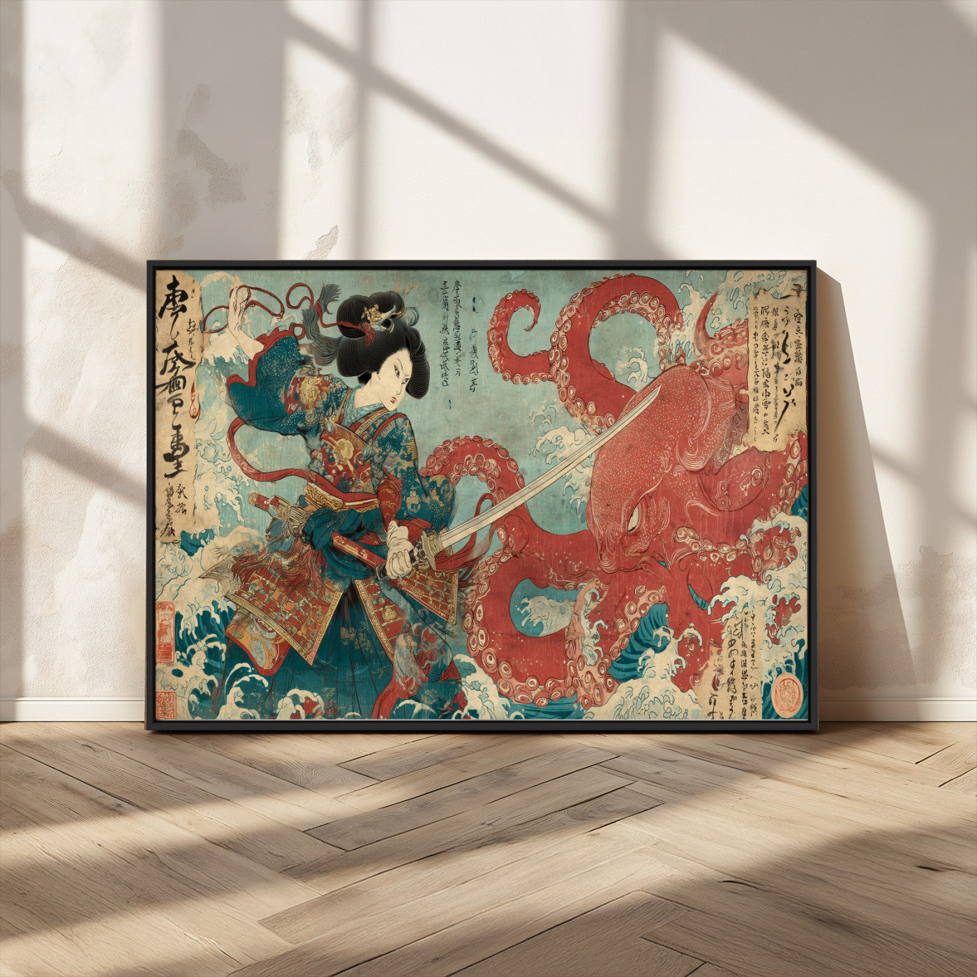 68844327-MGV-FC-36X24_Black-Tsukioka Yoshitoshi Samurai Wall Art Print, Japanese Katana Warrior Canvas Wall Art, Octopus Sea Monster Canvas Print,