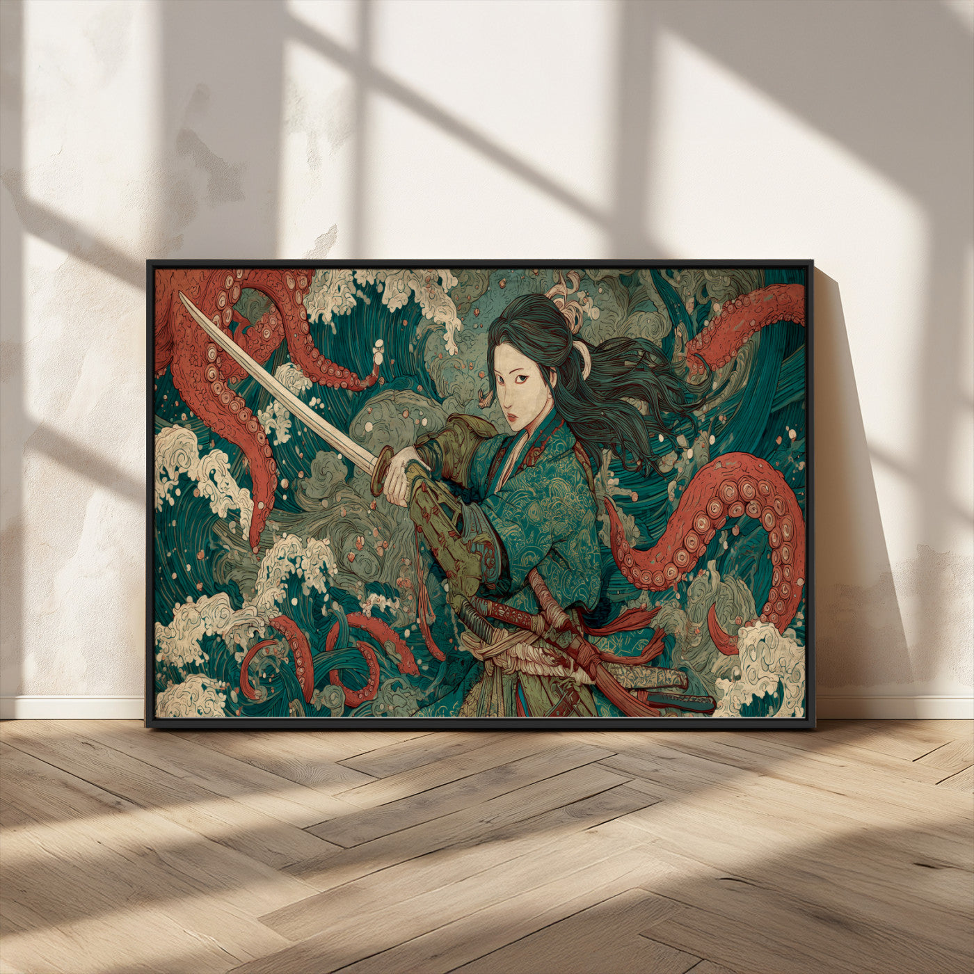 35461724-MGV-CV-36X24-Samurai Woman vs Octopus Wall Art – Japanese Ukiyo-e Ocean Waves Canvas Print, Red Tentacle Battle Artwork for Living Room,