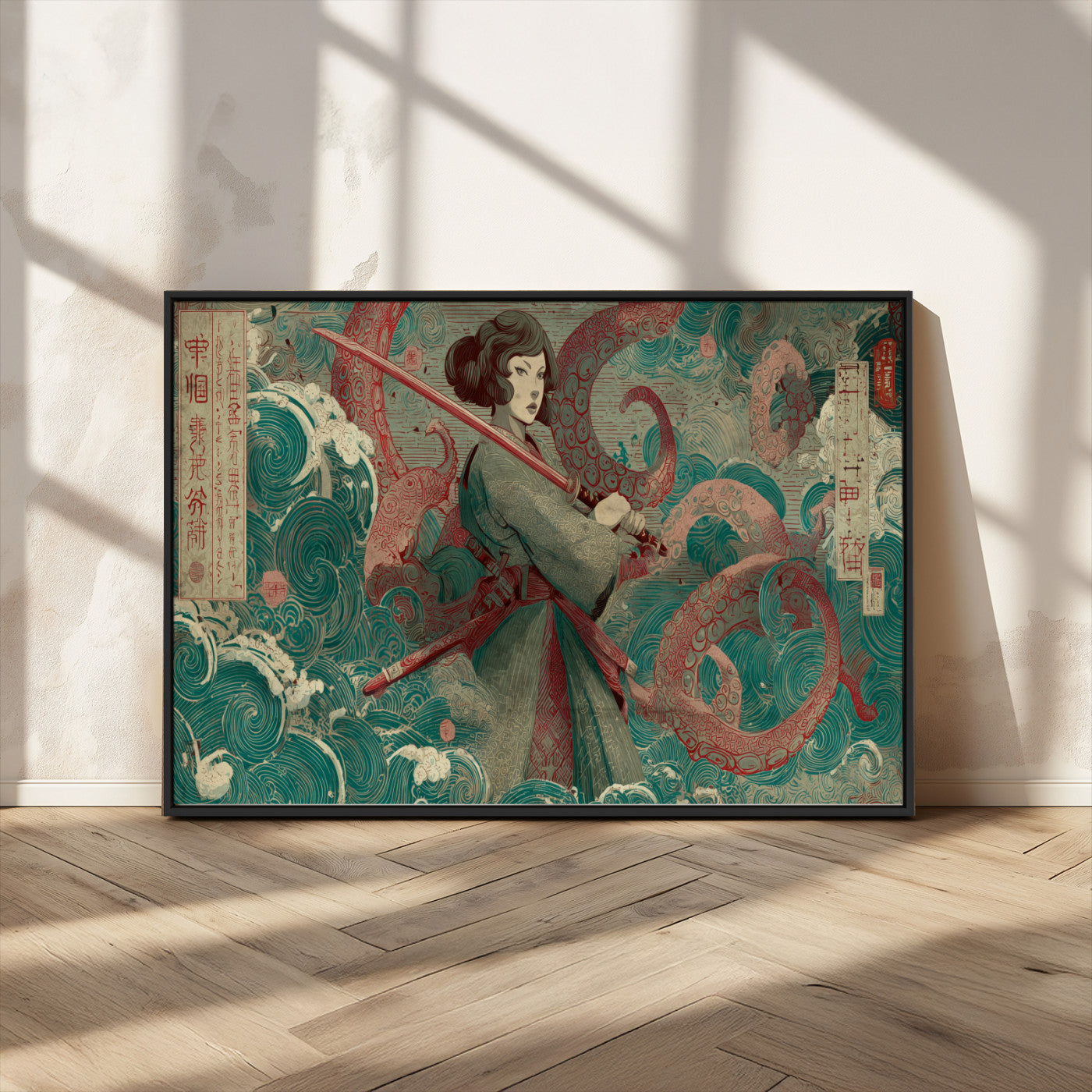 91666601-MGV-FC-36X24_Black-Samurai Woman vs Octopus Wall Art – Japanese Ukiyo-e Green Robe Canvas Print, Ocean Battle Artwork for Living Room, Office, Man