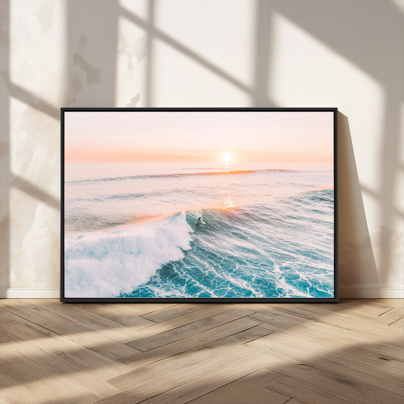 34064591-MGV-CV-36X24-Surfing Wall Art – Sunset Ocean Wave Canvas Print, Surfer Riding Sea Photography Decor for Bedroom, Living Room, Office, Coastal