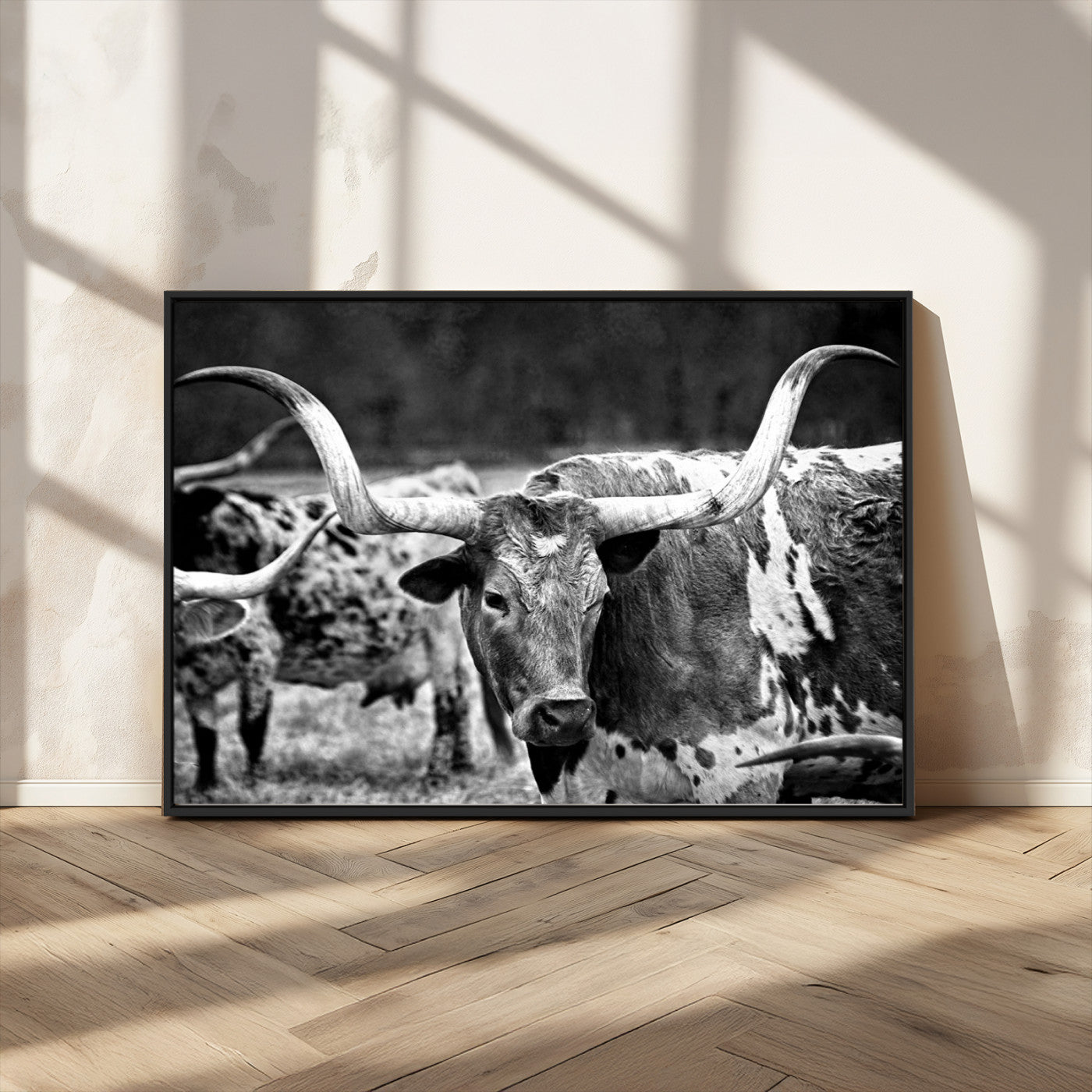 15425553-MGV-CV-36X24-Western Wall Art – Longhorn Cattle Black and White Canvas Print, Rustic Ranch Photography Decor for Bedroom, Living Room, Office,