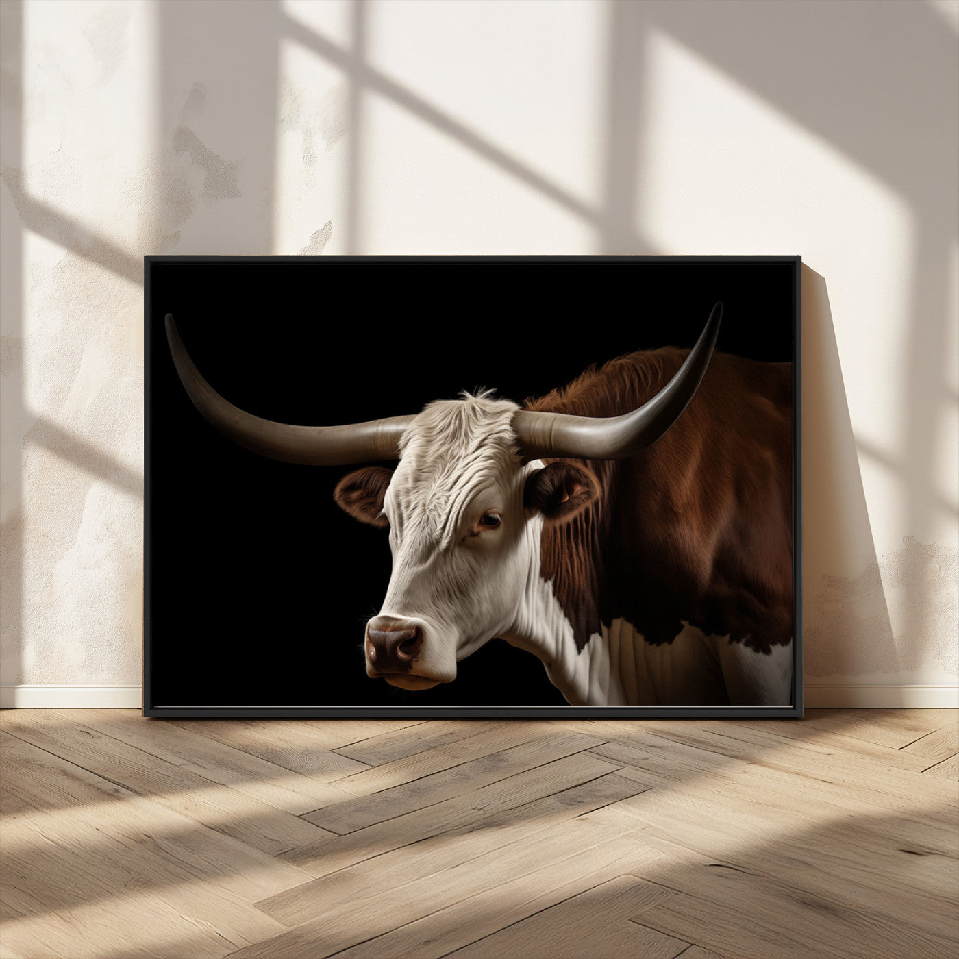 27414857-MGV-CV-36X24-Longhorn Bull Wall Art – Dramatic Western Steer Portrait Canvas Print, Rustic Farmhouse Animal Decor for Living Room, Office, or