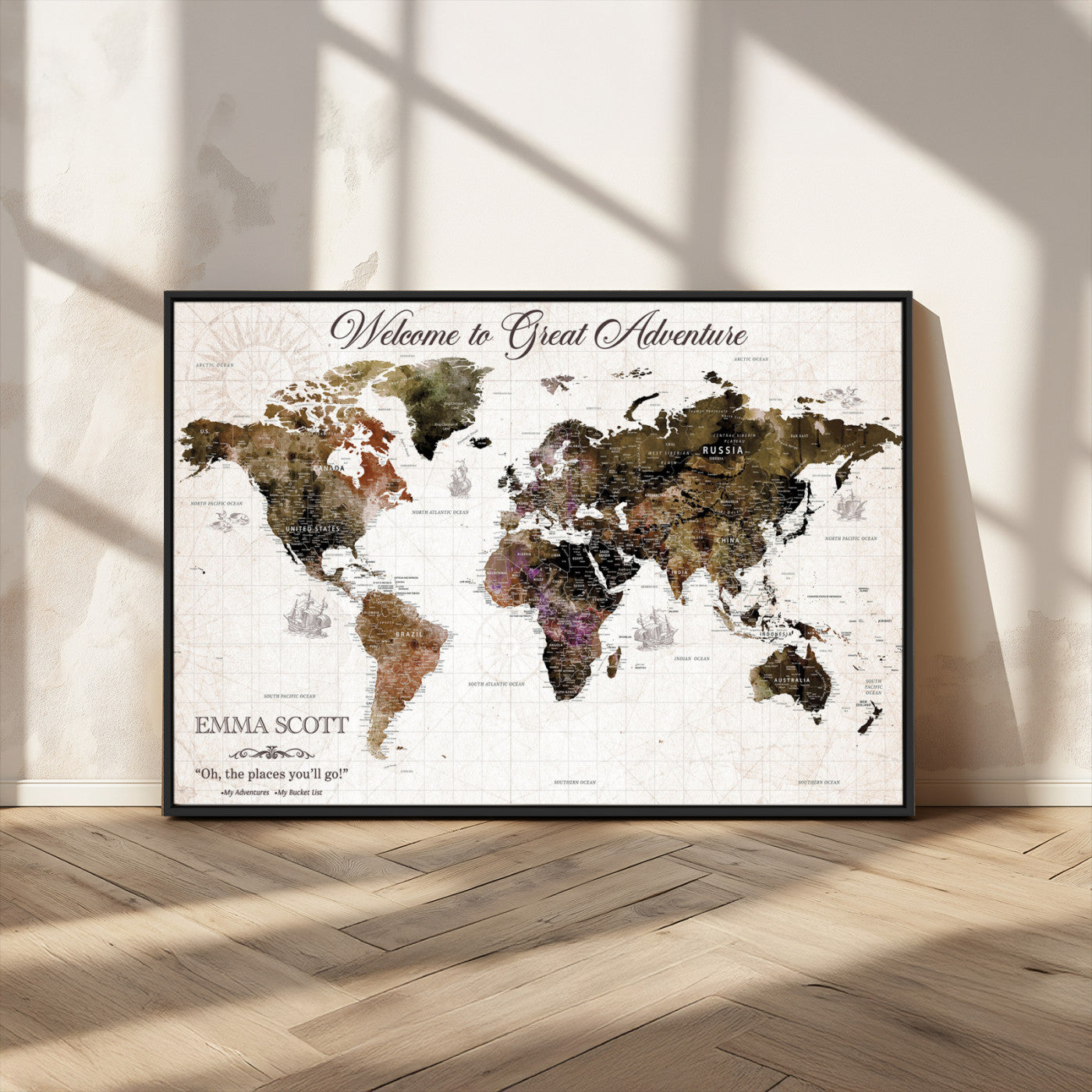 33631532-MGV-CV-36X24-Personalized World Map Wall Art – Dark Vintage Adventure Travel Map with Custom Names, Rustic Wall Decor for Couples, Home or