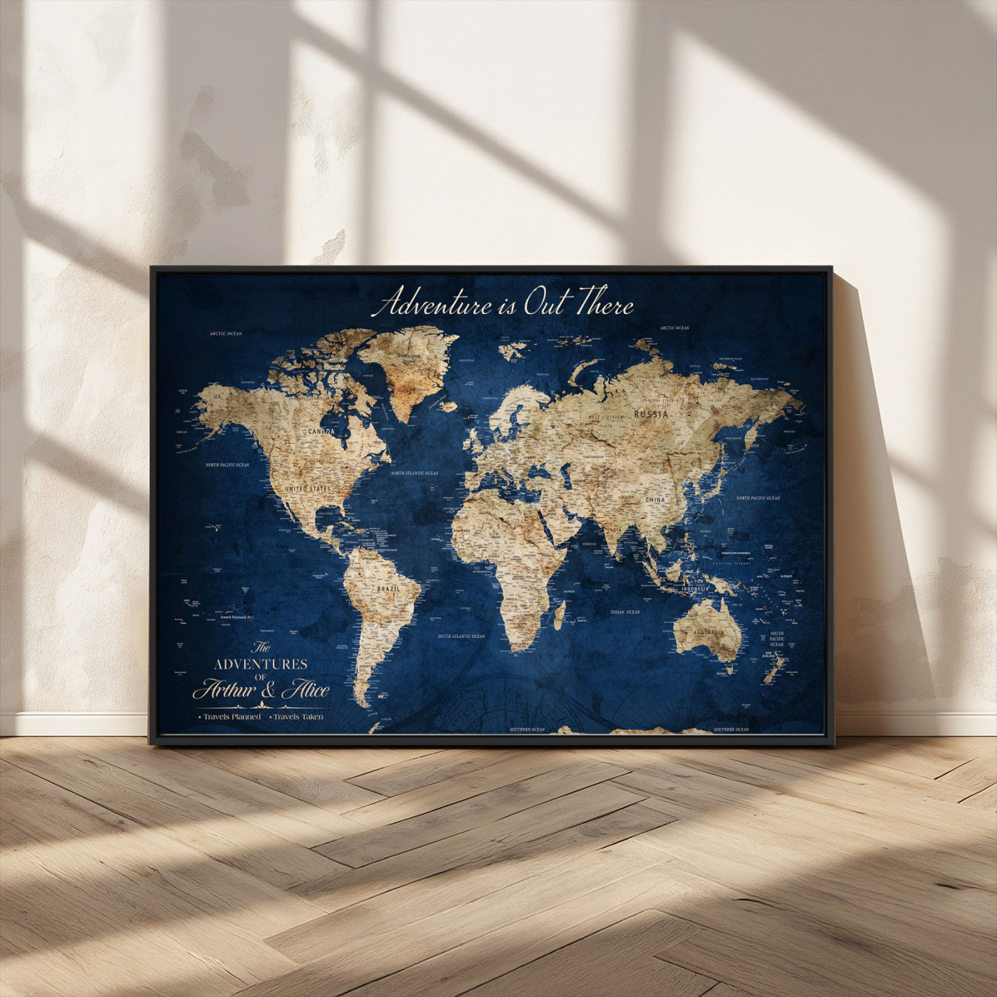 71052542-MGV-CV-36X24-Personalized World Map Wall Art – Rustic Navy Blue Adventure Travel Map with Custom Couple Names, Vintage Wall Decor for Home or