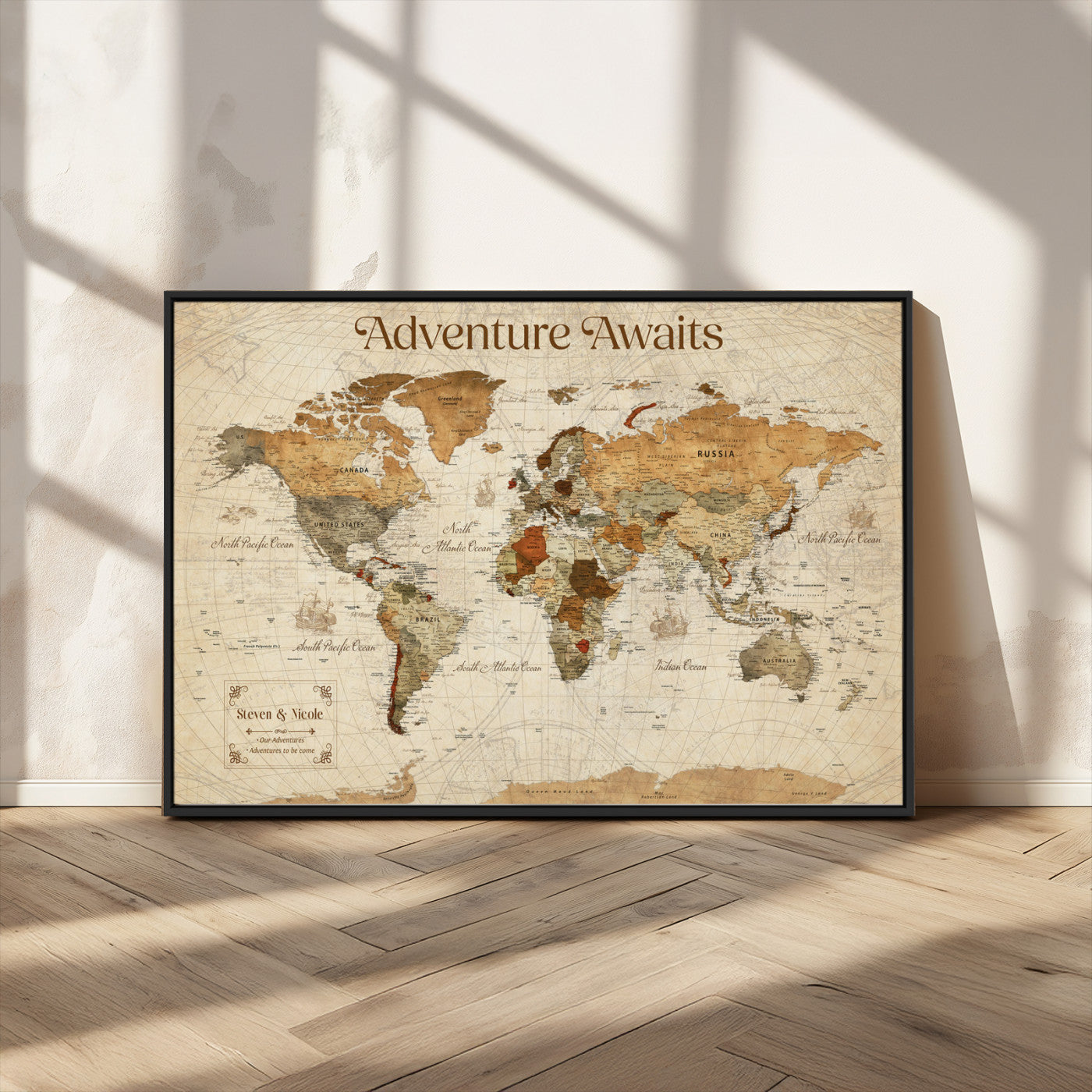18685073-MGV-FC-36X24_Black-Personalized World Map Wall Art – Antique Vintage Parchment Adventure Awaits Travel Map with Custom Couple Names, Rustic Wall