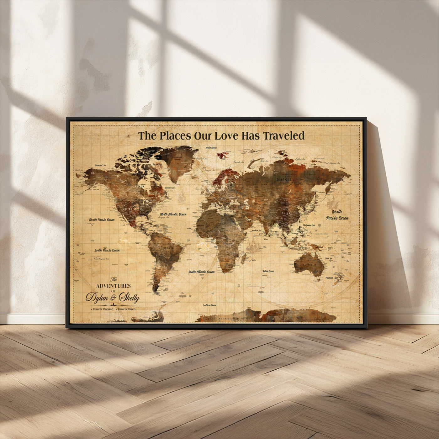 50680593-MGV-CV-36X24-Personalized World Map Wall Art – Rustic Brown Adventure Travel Map with Custom Names, Elegant Push Pin Canvas for Couples Home,