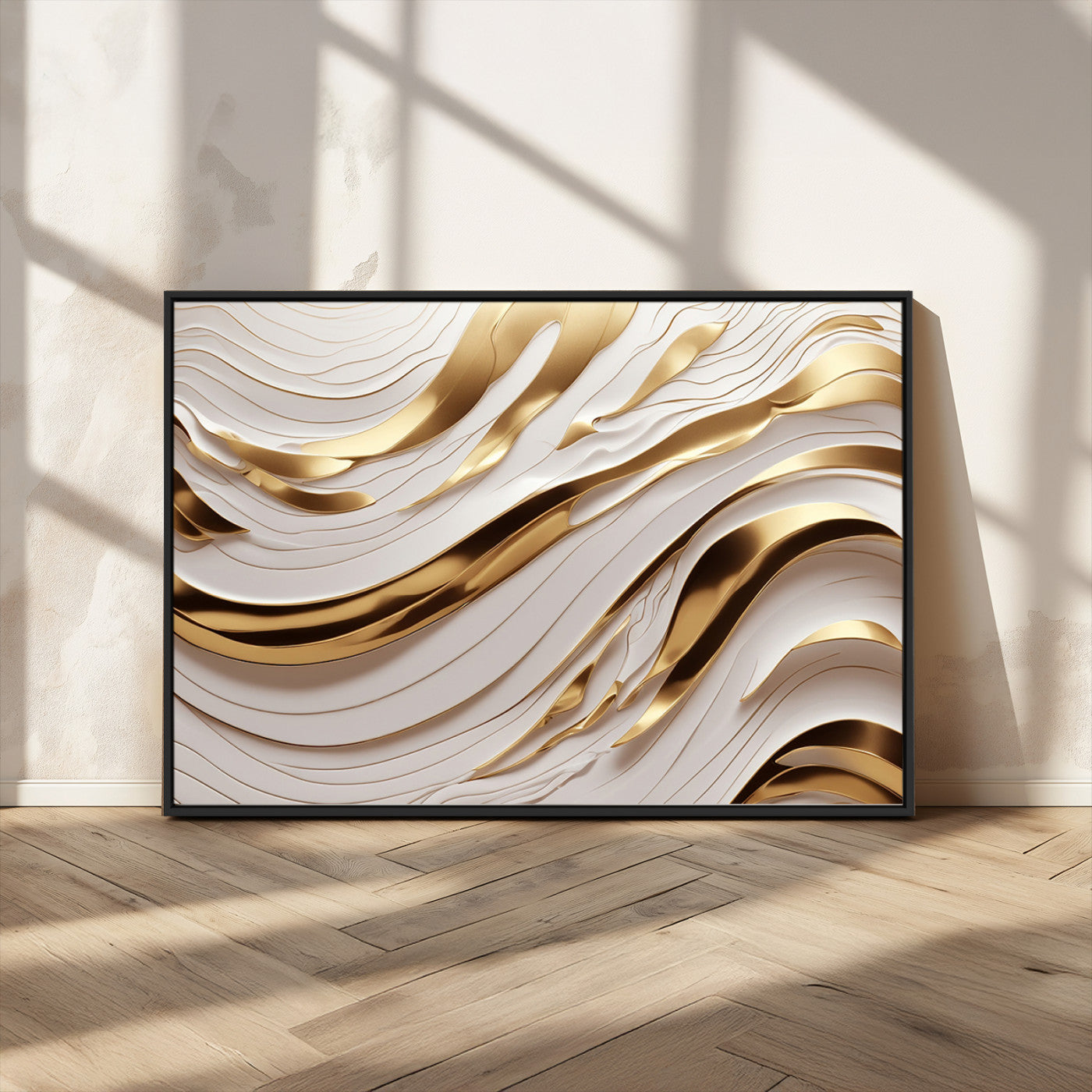 41237-MGV-FC-36X24_Black-Gold Waves Wall Art Canvas Print, Framed Elegant Flow Art Picture Print, Luxury Layers Perfect Minimal Luxe Decor Artwork