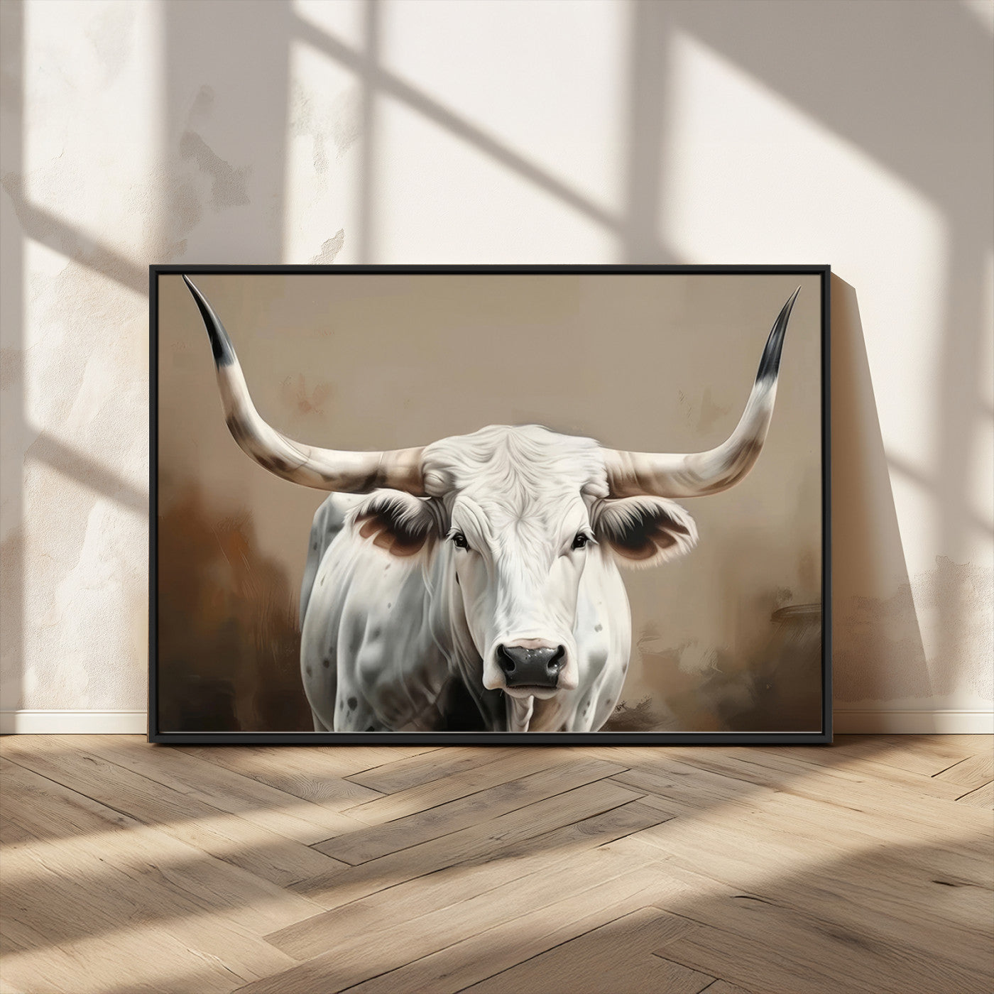 63550-MGV-CV-36X24-Texas Longhorn Wall Art Canvas Print, Framed White Bull Art Picture Print, Horned Cattle Perfect Rustic Western Decor Artwork