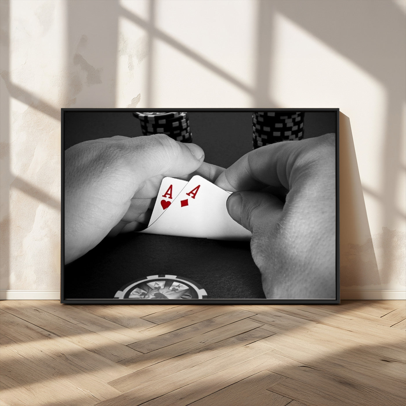 62460-MGV-FC-36X24_Black-Poker Game Wall Art – Close Up of Hands Holding Aces with Chips, Casino Style Decor for Game Room, Man Cave or Office