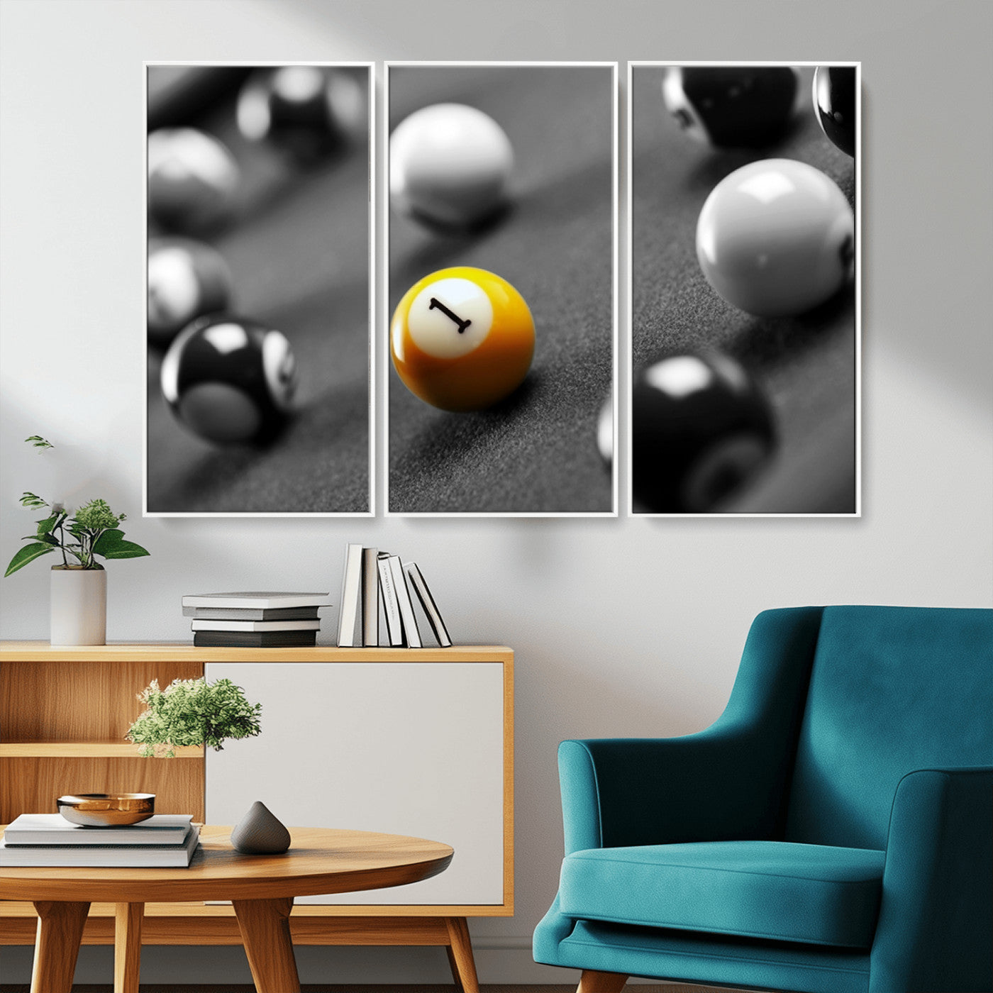 52108-MGV-FC-48X32-3P_White-Precision Pool Table Wall Art – Close Up Yellow 1 Ball Canvas Print, Hand-Played Billiards Game Decor for Office, Game Room, or