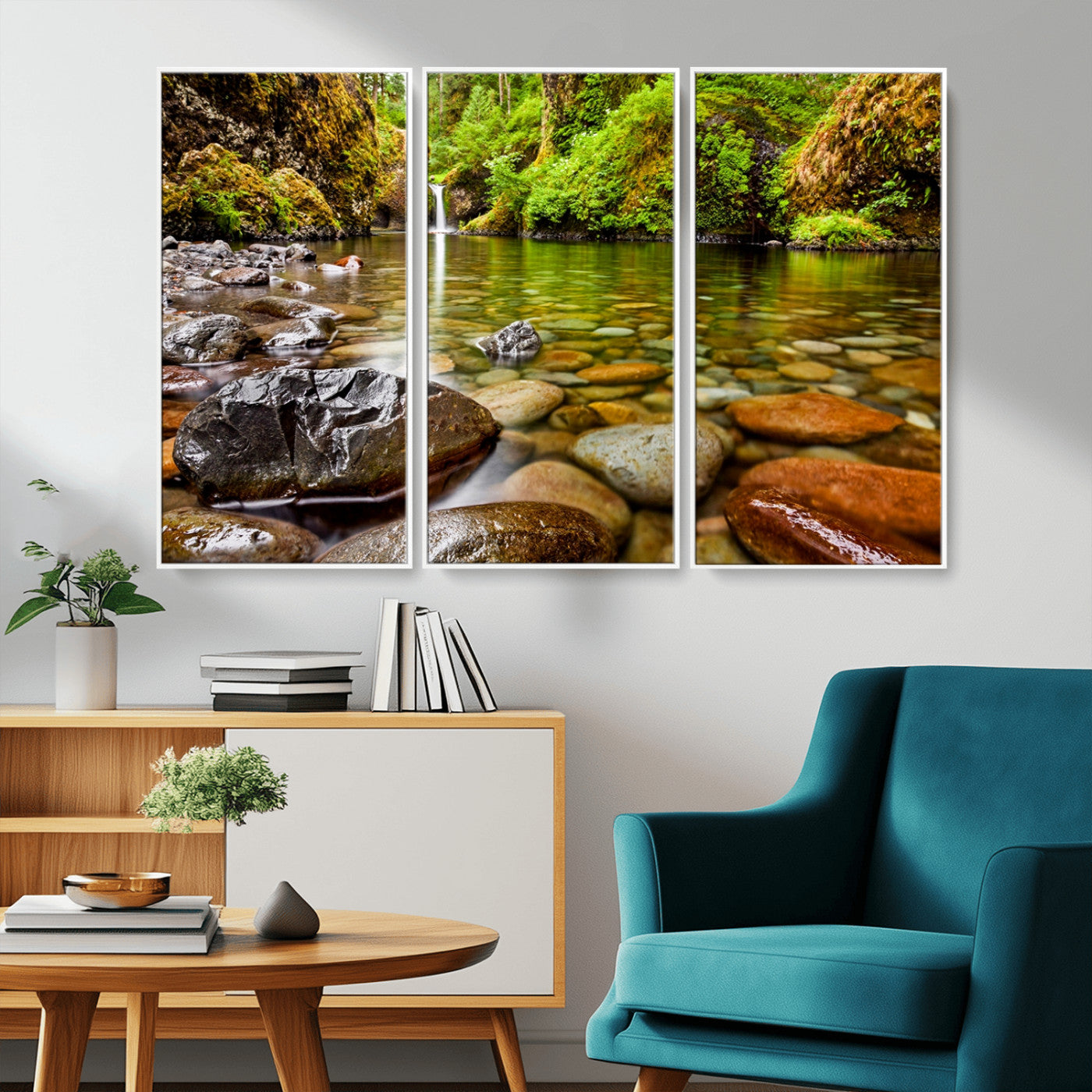98096-MGV-CV-36X24-Serene River Waterfall Nature Photo – Calm Clear Water, Vibrant Green Forest and Smooth Stones Landscape Wall Art for Home or