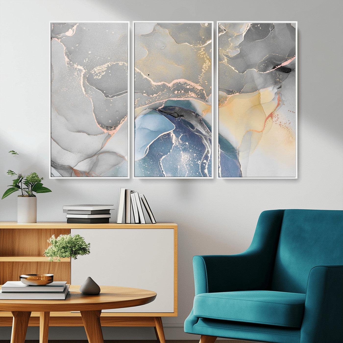 63211-MGV-FC-48X32-3P_White-Abstract Fluid Art Wall Decor – Blue, Gray & Gold Canvas Print, Modern Home and Office Wall Art Decor for Living Room, Bedroom or