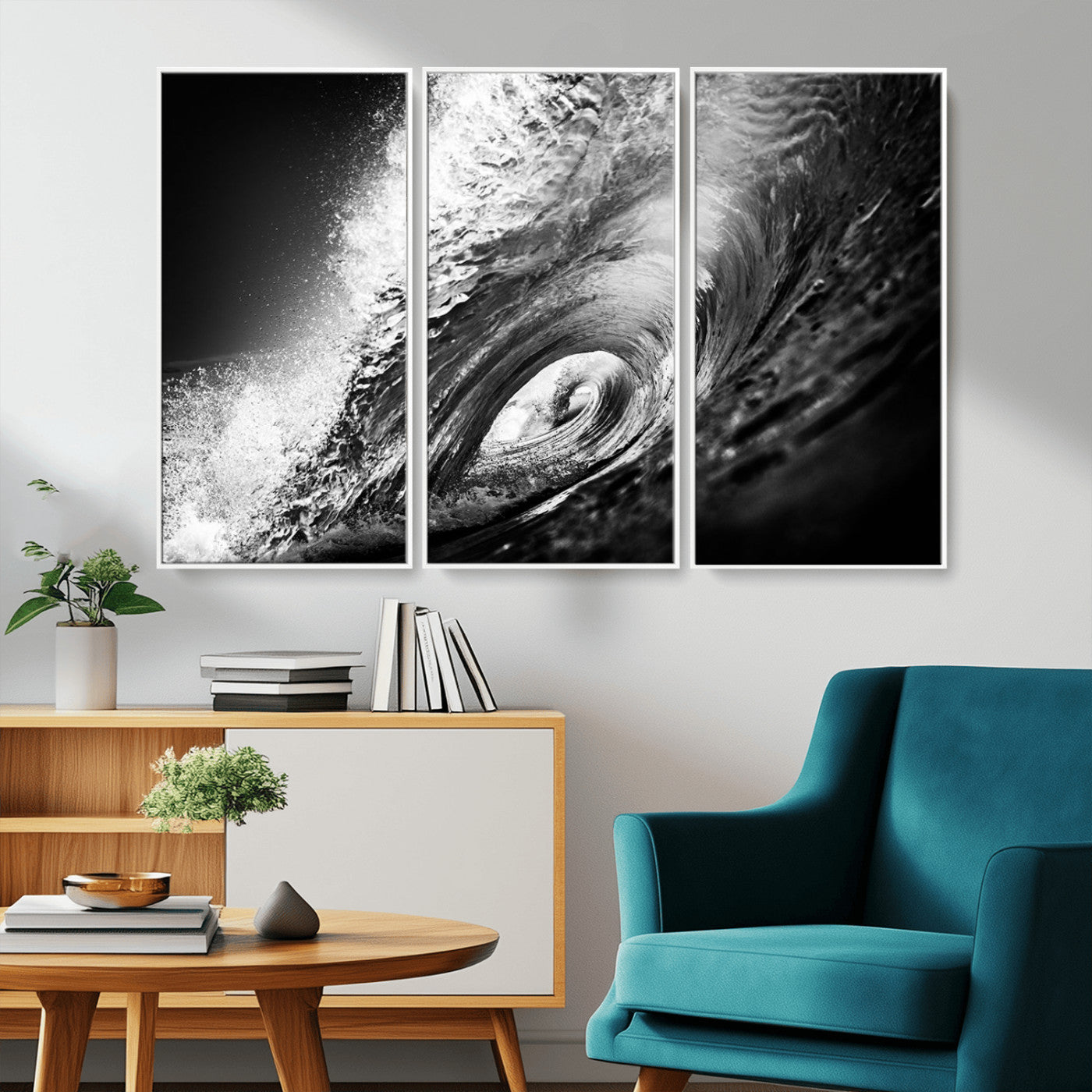 22702-MGV-CV-36X24-Black and White Ocean Wave Wall Art – Powerful Surf Curl Photography Canvas Print, Modern Coastal Decor for Living Room, Office or