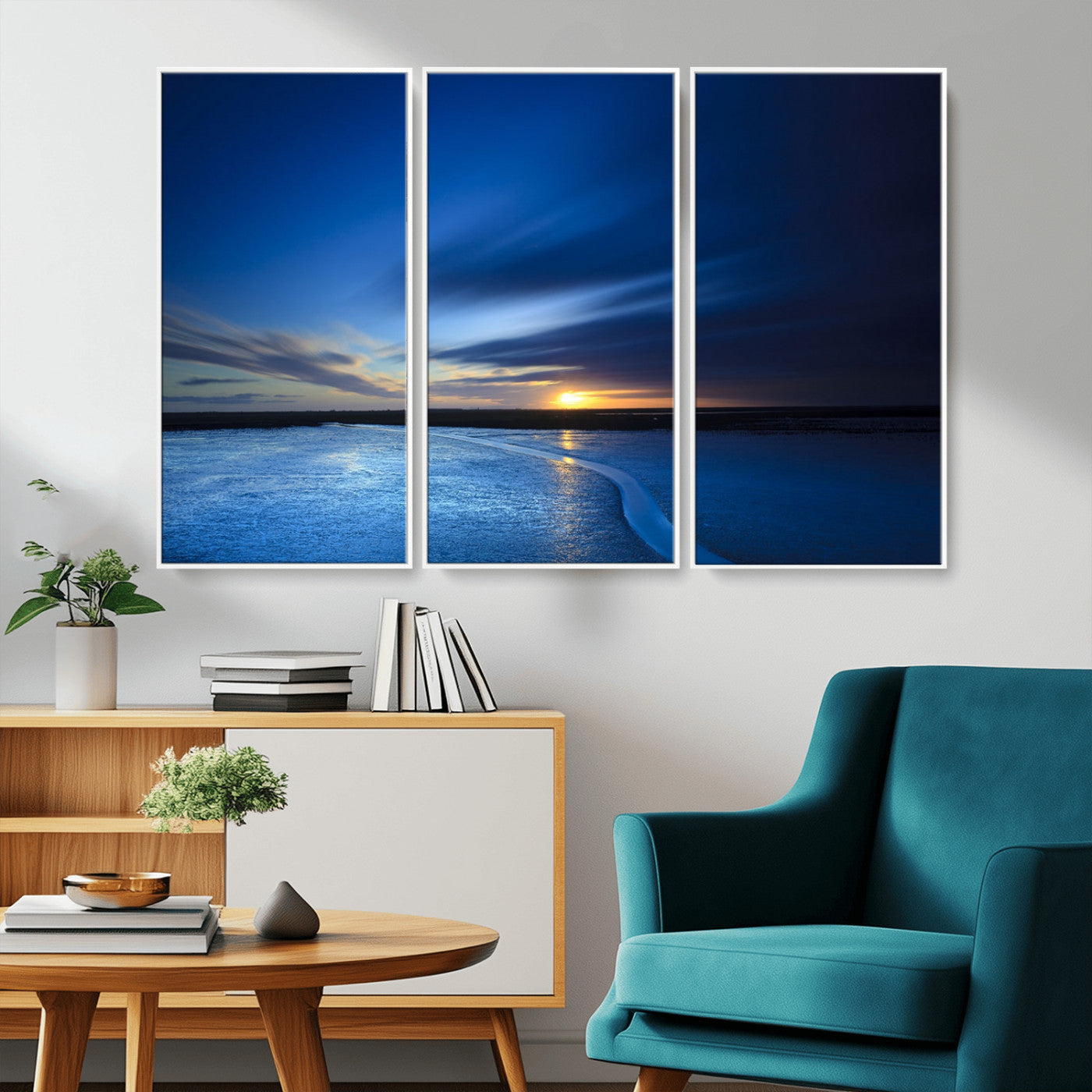 65405-MGV-CV-36X24-Blue Sunrise Seascape Wall Art – Tranquil Ocean Horizon Canvas Print with Golden Sunlight and Deep Sky, Coastal Landscape Decor