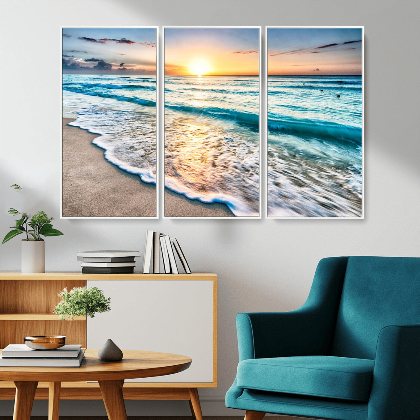 27815-MGV-CV-36X24-Ocean Sunrise Beach Wall Art – Serene Coastal Canvas Print with Waves and Golden Morning Light, Relaxing Seascape Decor for