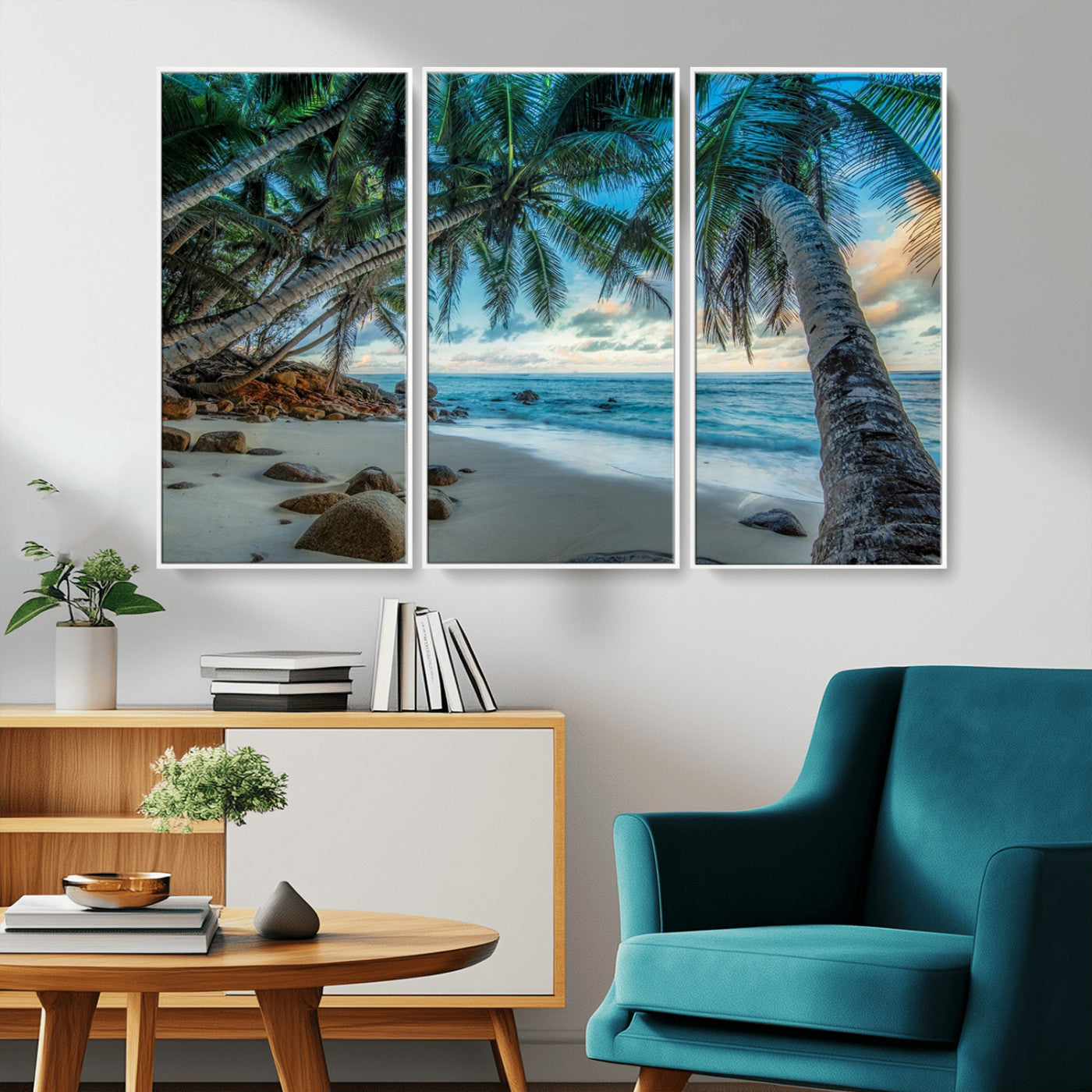 39679-MGV-CV-36X24-Tropical Palm Beach Wall Art – Serene Ocean Canvas Print with Palm Trees and Rocks, Coastal Paradise Decor for Living Room or