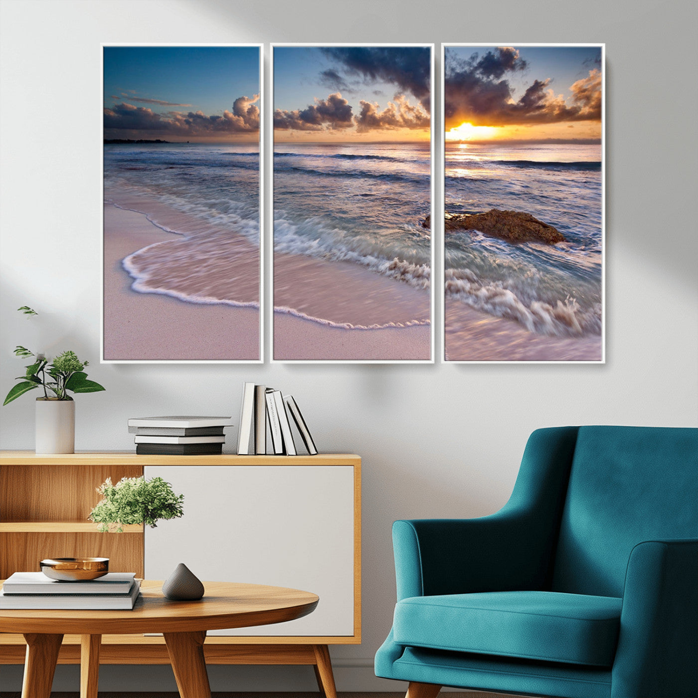94906-MGV-CV-36X24-Sunrise Beach Wall Art – Panoramic Ocean Waves Canvas Print, Coastal Sunset Seascape Artwork for Living Room, Bedroom, or Office