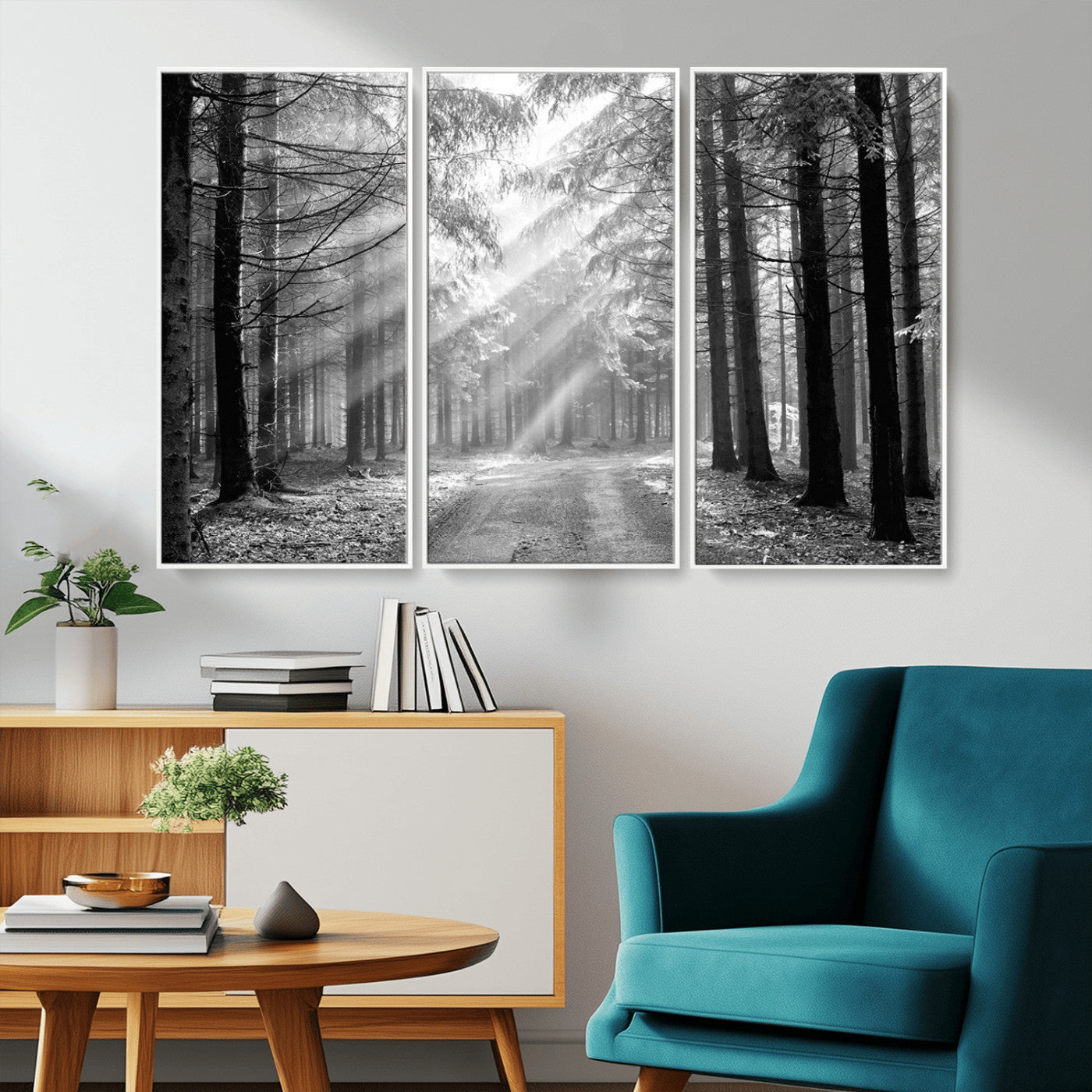 39665-MGV-CV-36X24-Black and White Forest Path Wall Art – Sunlight Rays in Trees Canvas Print, Nature Landscape Decor for Living Room or Office
