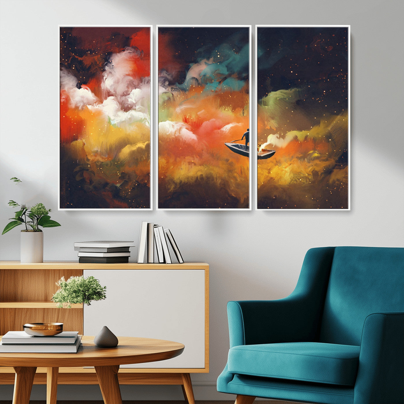 45085-MGV-FC-48X32-3P_White-Surreal Cosmic Wall Art – Abstract Galaxy Dreamscape Canvas Print with Man and Dog in Boat, Fantasy Nebula Painting for Living
