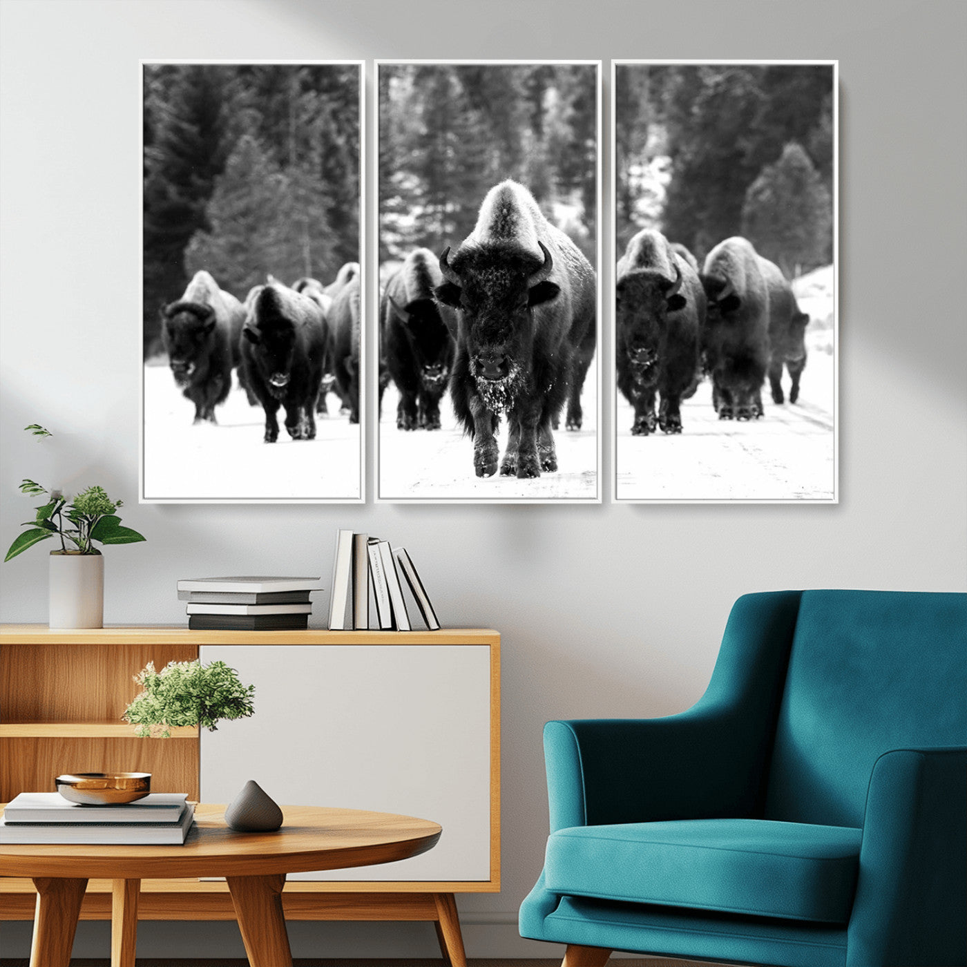 62434-MGV-CV-36X24-Bison Herd Wall Art – Majestic Black and White Buffalo Canvas Print, Wildlife Nature Photography Decor for Living Room, Office or
