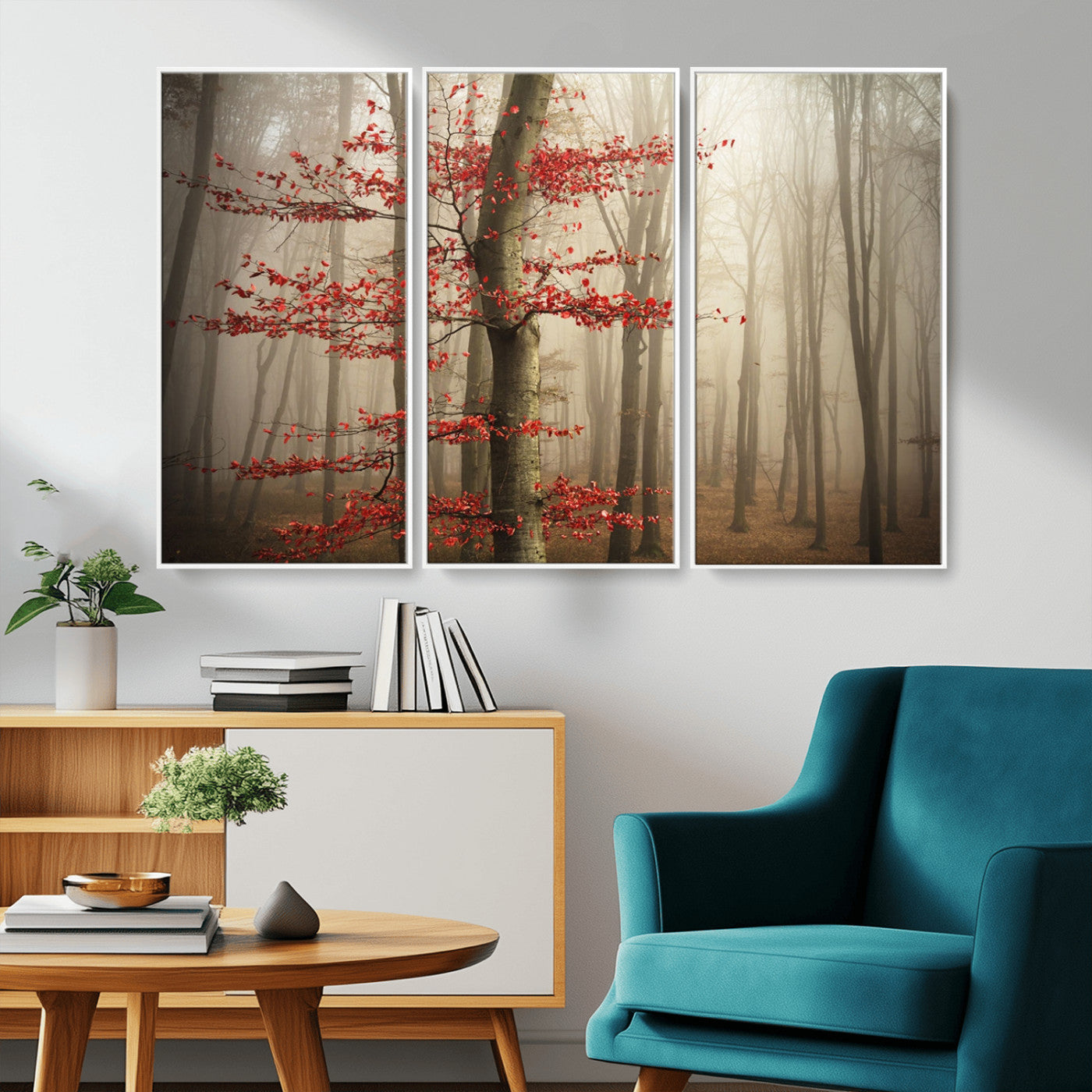 61855-MGV-CV-36X24-Misty Forest Wall Art – Red Tree with Autumn Leaves Canvas Print, Moody Woodland Nature Decor for Living Room, Bedroom, or Office