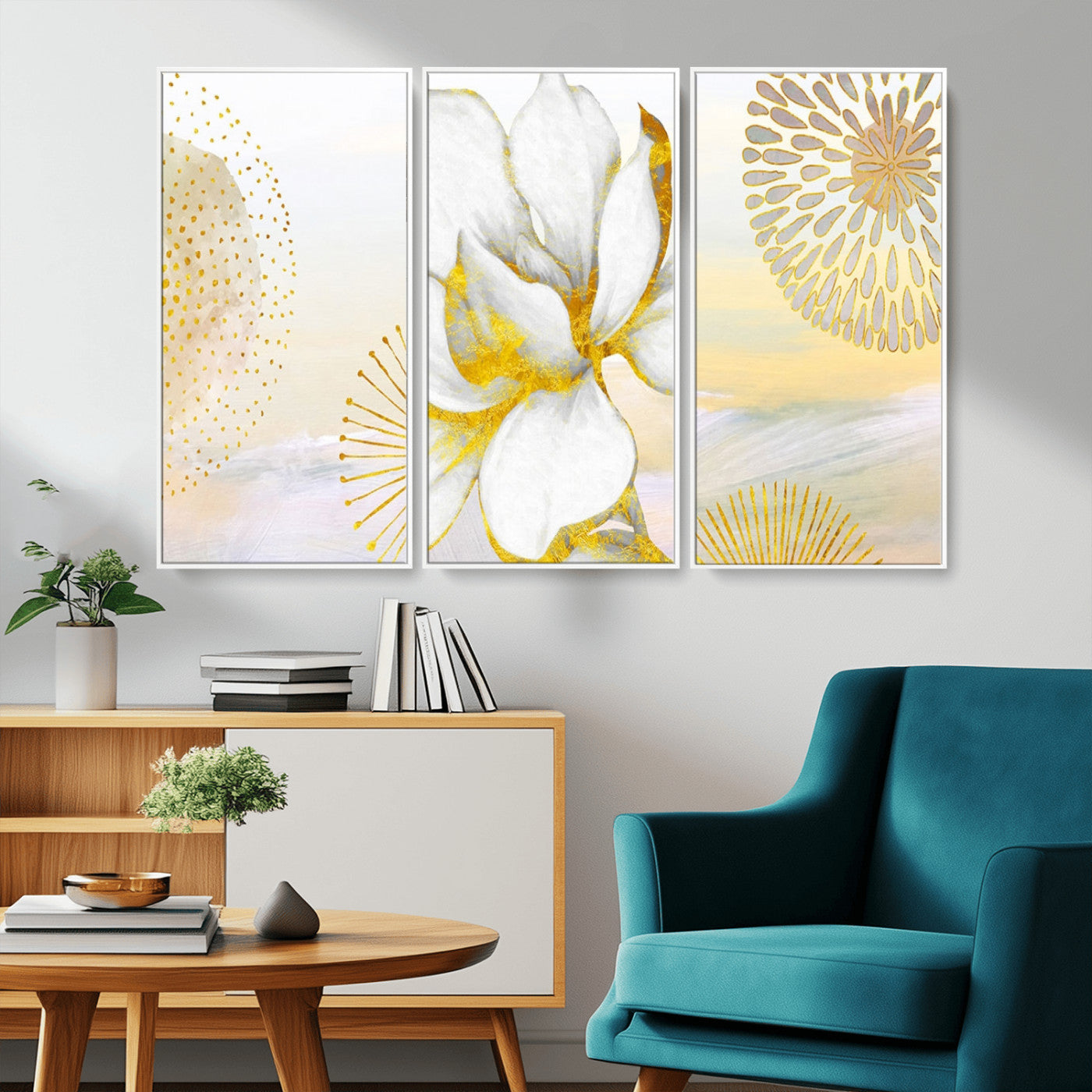82301-MGV-CV-36X24-Modern Floral Wall Art – White Flower with Gold Detailing Canvas Print, Elegant Abstract Artwork for Living Room, Bedroom, or
