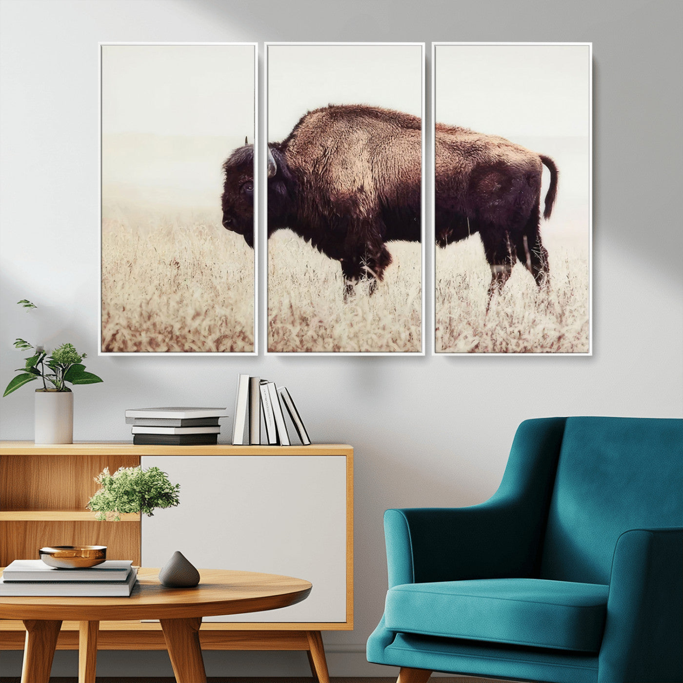 48406-MGV-CV-36X24-American Bison Wall Art – Rustic Buffalo Canvas Print in Prairie Field, Western Wildlife Photography Decor for Cabin, Lodge,