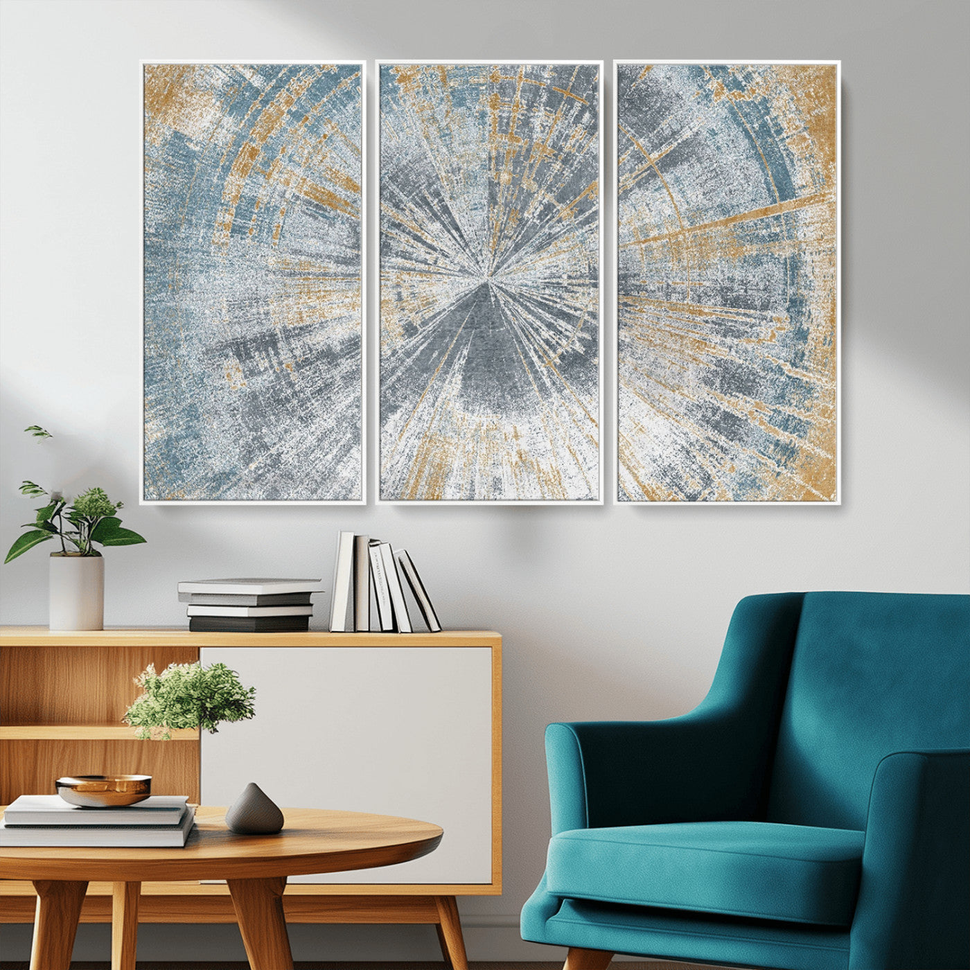 17631-MGV-CV-36X24-Radiant Burst Wall Art – Abstract Sunburst Canvas Print in Blue and Gold, Modern Geometric Painting for Living Room, Office or