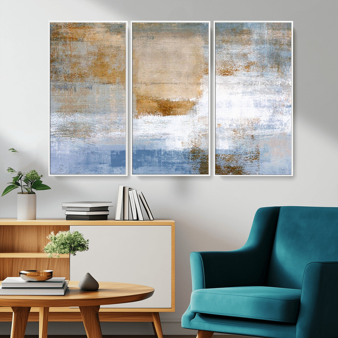 72354-MGV-CV-36X24-Blue and Gold Abstract Wall Art – Modern Minimalist Canvas Print, Textured Contemporary Painting for Living Room, Bedroom, or