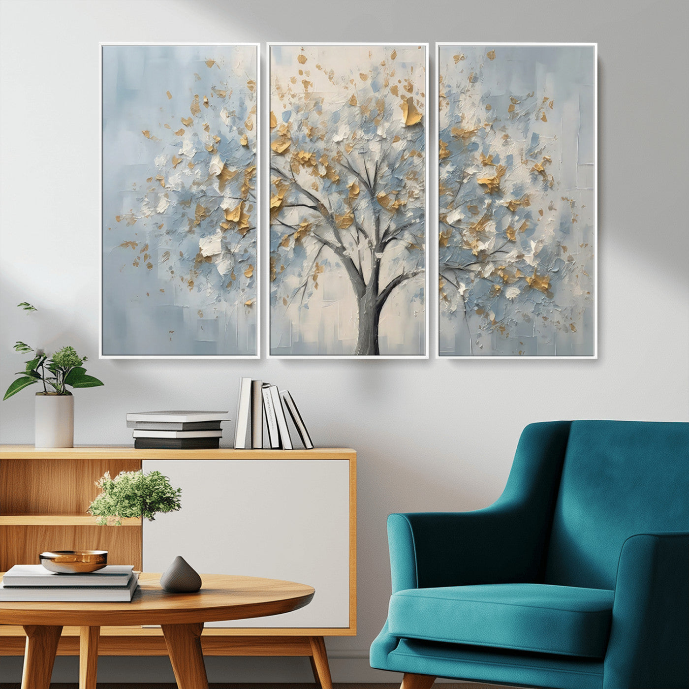 65811-MGV-CV-36X24-Abstract Tree Wall Art – Textured Canvas Painting with Gold and White Leaves, Modern Nature Inspired Decor for Living Room or