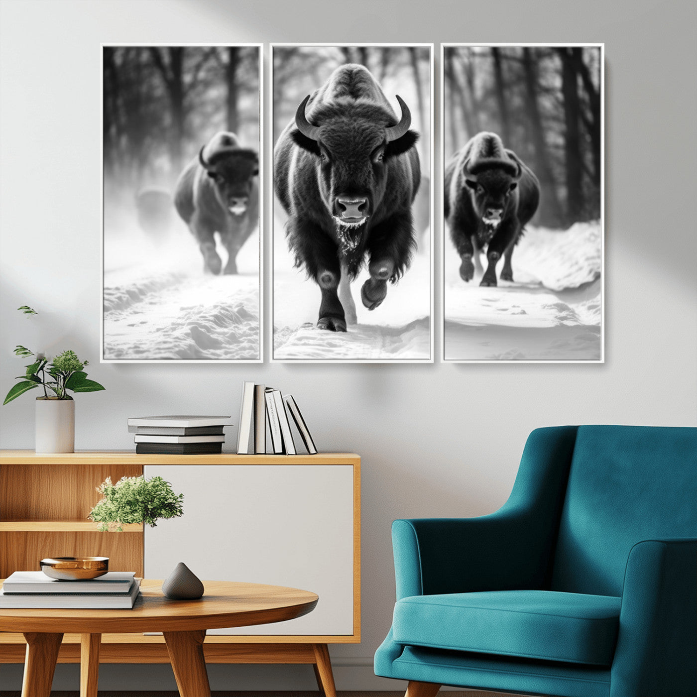 97552-MGV-CV-36X24-Black and White Bison Wall Art – Buffalo Herd Running in Snow Canvas Print, Rustic Wildlife Photography Decor for Cabin, Lodge, or