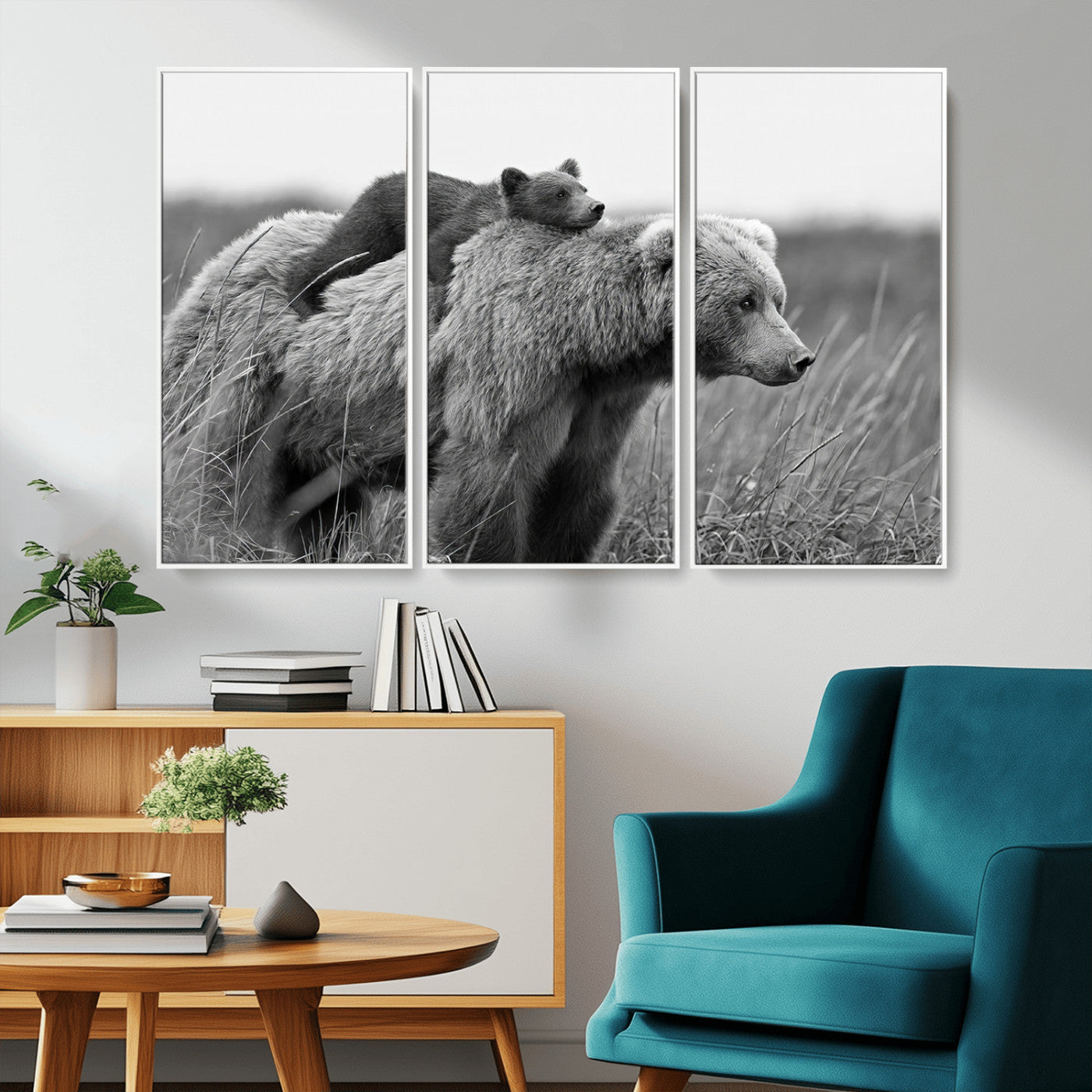 76338-MGV-CV-36X24-Mother Bear and Cub Wall Art – Black and White Wildlife Canvas Print, Rustic Nature Photography for Cabin, Living Room or Office