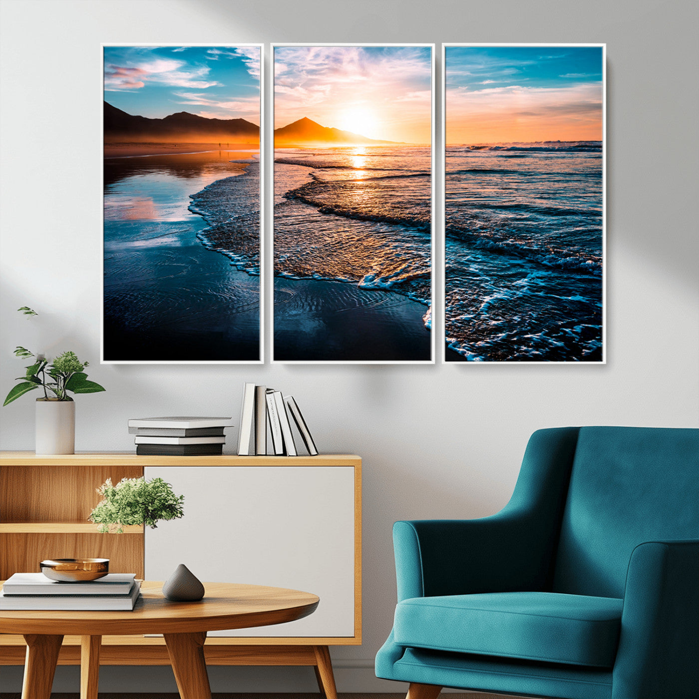 26494-MGV-CV-36X24-Ocean Sunset Wall Art – Scenic Beach Canvas Print with Waves and Mountains, Coastal Seascape Photography for Living Room, Bedroom