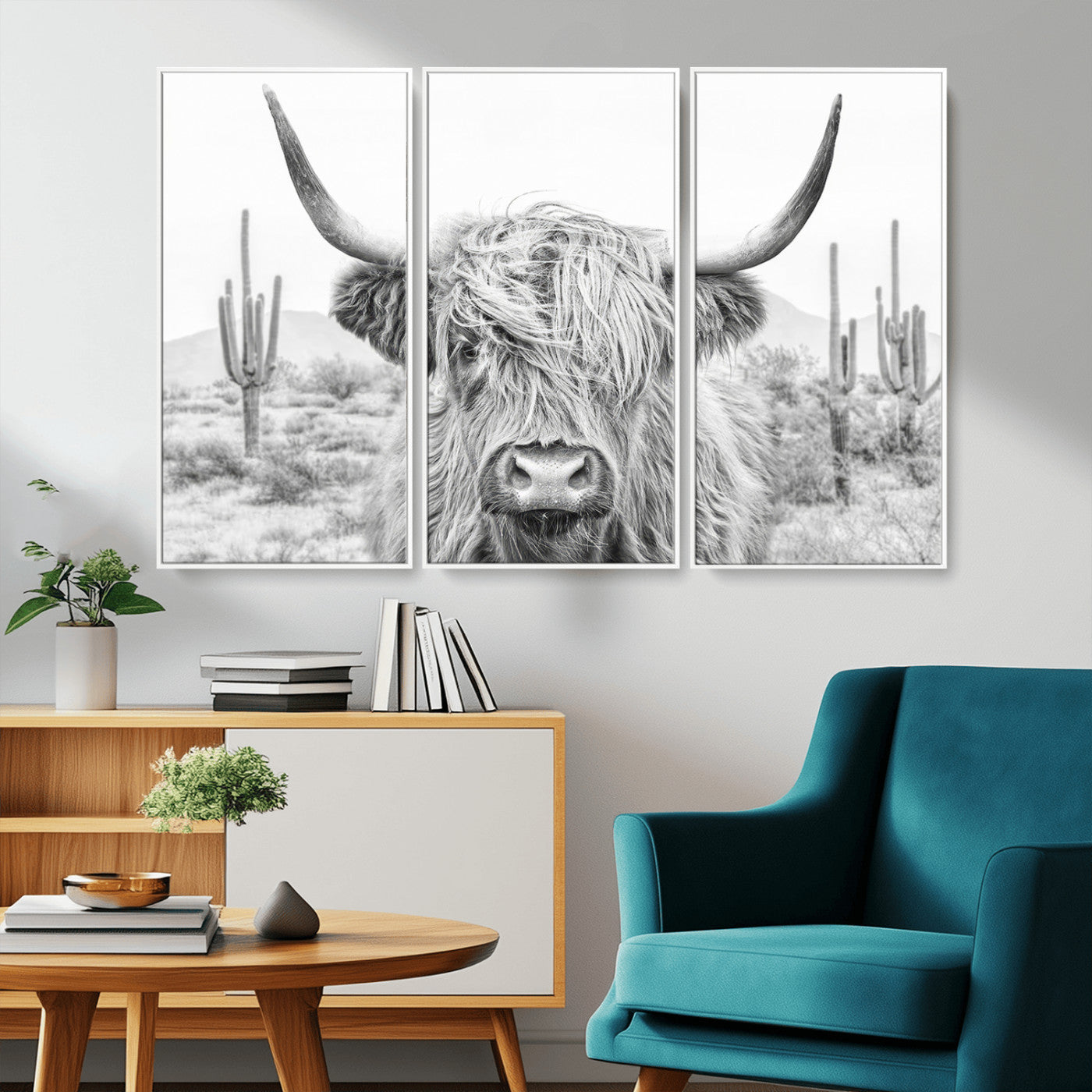 94579-MGV-CV-36X24-Highland Cow Wall Art – Black and White Longhorn Canvas Print, Rustic Western Farmhouse Animal Photography for Living Room,