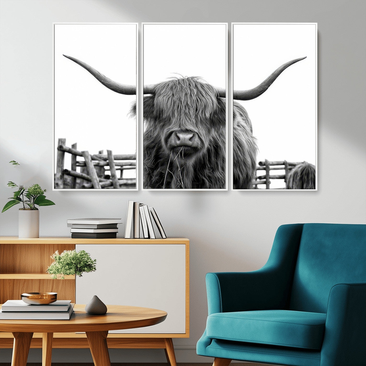 58188-MGV-CV-36X24-Highland Cow Wall Art – Black and White Rustic Farmhouse Canvas Print, Longhorn Cattle Photography Decor for Living Room or