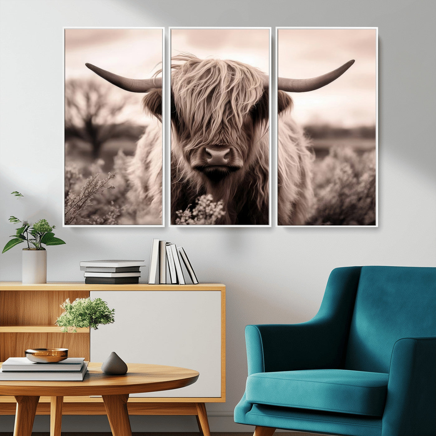 55903-MGV-CV-36X24-Highland Cow Wall Art – Rustic Sepia Scottish Highland Bull Canvas Print, Farmhouse Country Animal Decor for Living Room, Bedroom