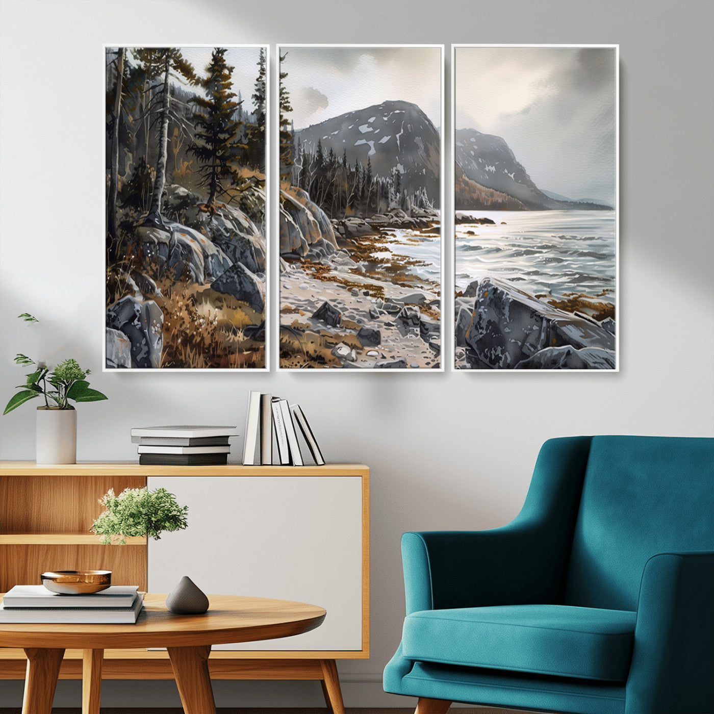41281-MGV-CV-36X24-Rocky Shoreline Wall Art – Panoramic Mountain Coast and Forest Canvas Print, Rustic Nature Landscape Decor for Cabin, Lodge, or
