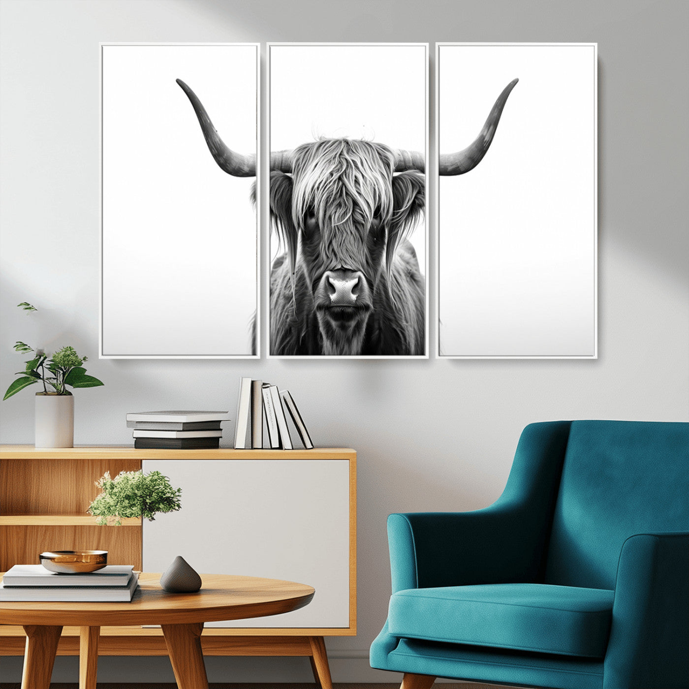 49556-MGV-CV-36X24-Highland Cow Wall Art – Black and White Scottish Highland Cattle Print, Rustic Farmhouse Minimalist Animal Portrait Canvas for
