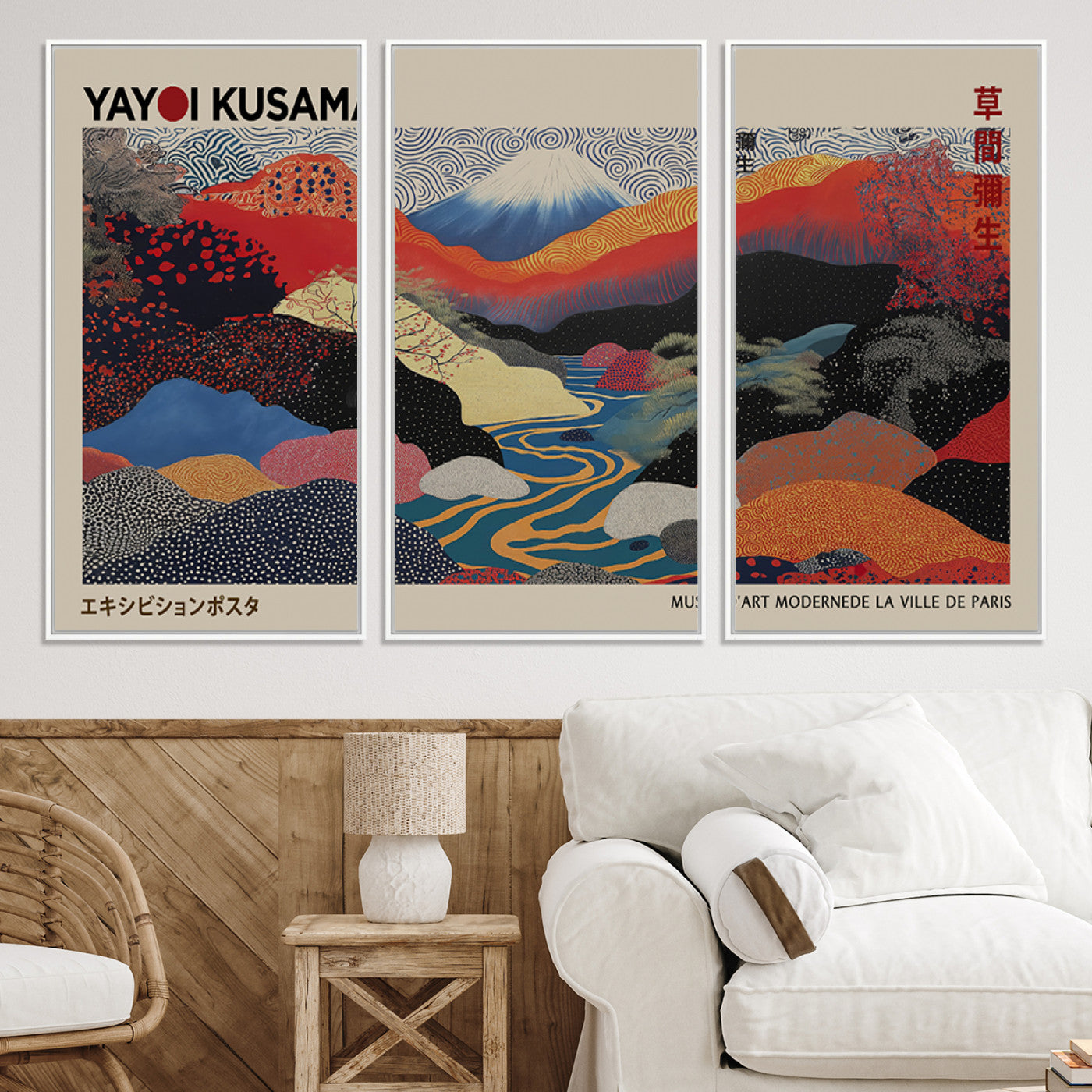 49228-MGV-FC-93X47-3P_Black-Kusama Wall Art – Vibrant Japanese Landscape Canvas Print, Modern Abstract Mountain and River Decor for Living Room, Office or Art