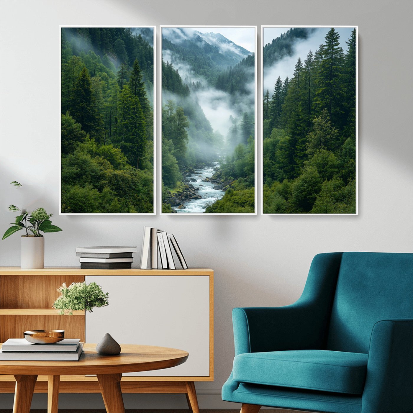 69453-MGV-CV-36X24-Mountain Forest Wall Art – Misty River and Evergreen Landscape Canvas Print, Nature Photography Poster for Living Room, Bedroom,
